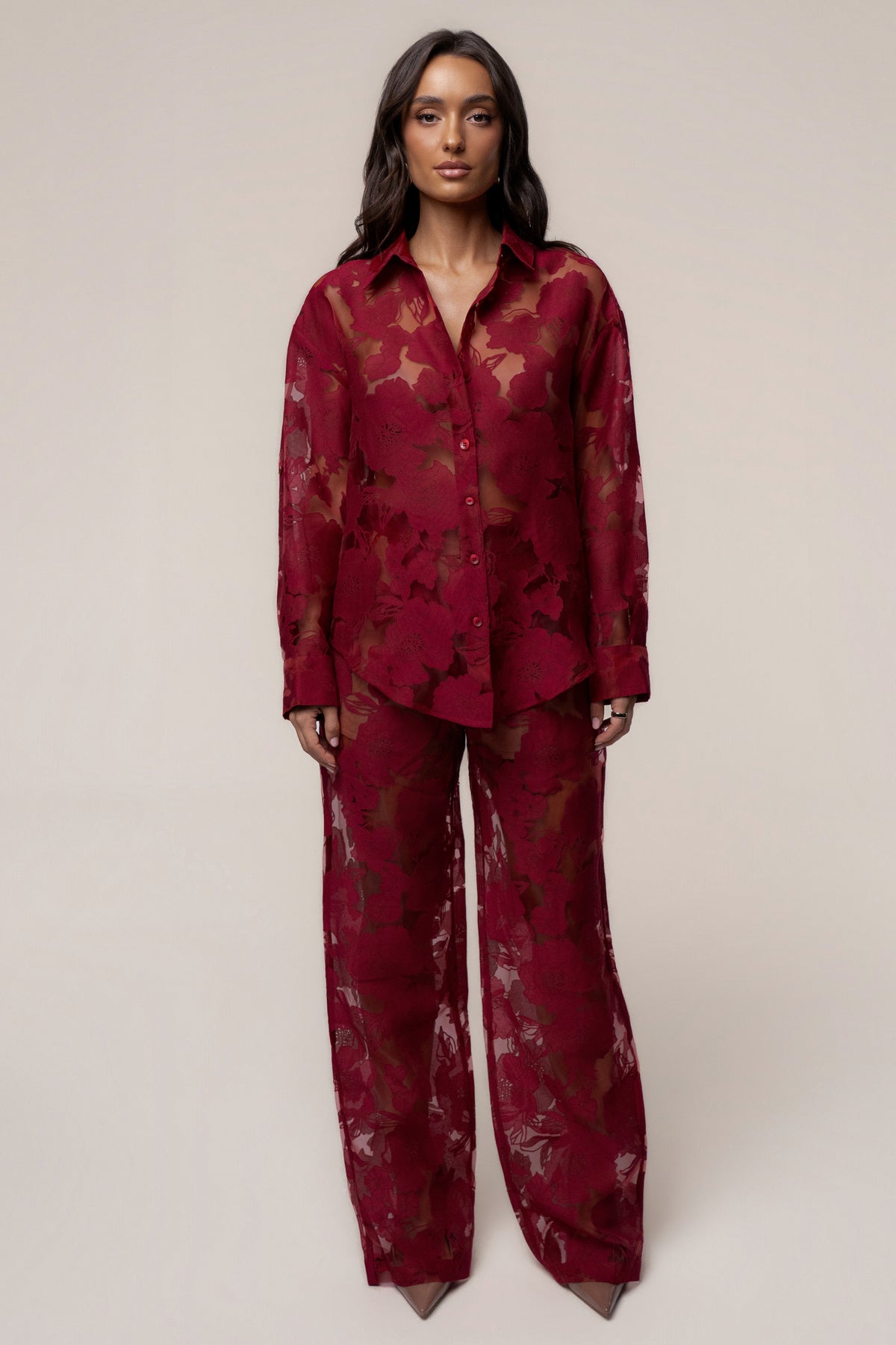 Burgundy Organza Floral Pant - JLUXLABEL
