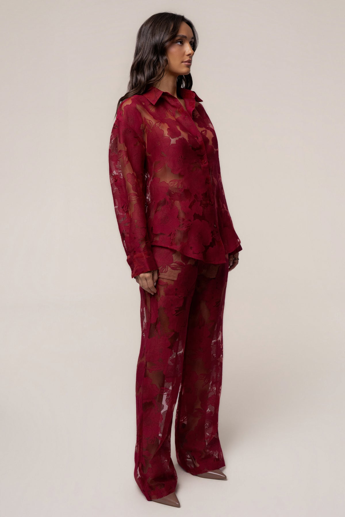 Burgundy Organza Floral Pant - JLUXLABEL