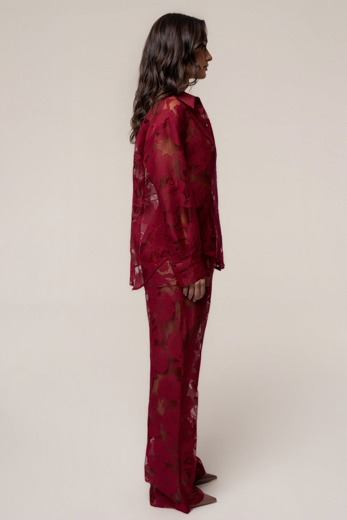 Burgundy Organza Floral Pant - JLUXLABEL