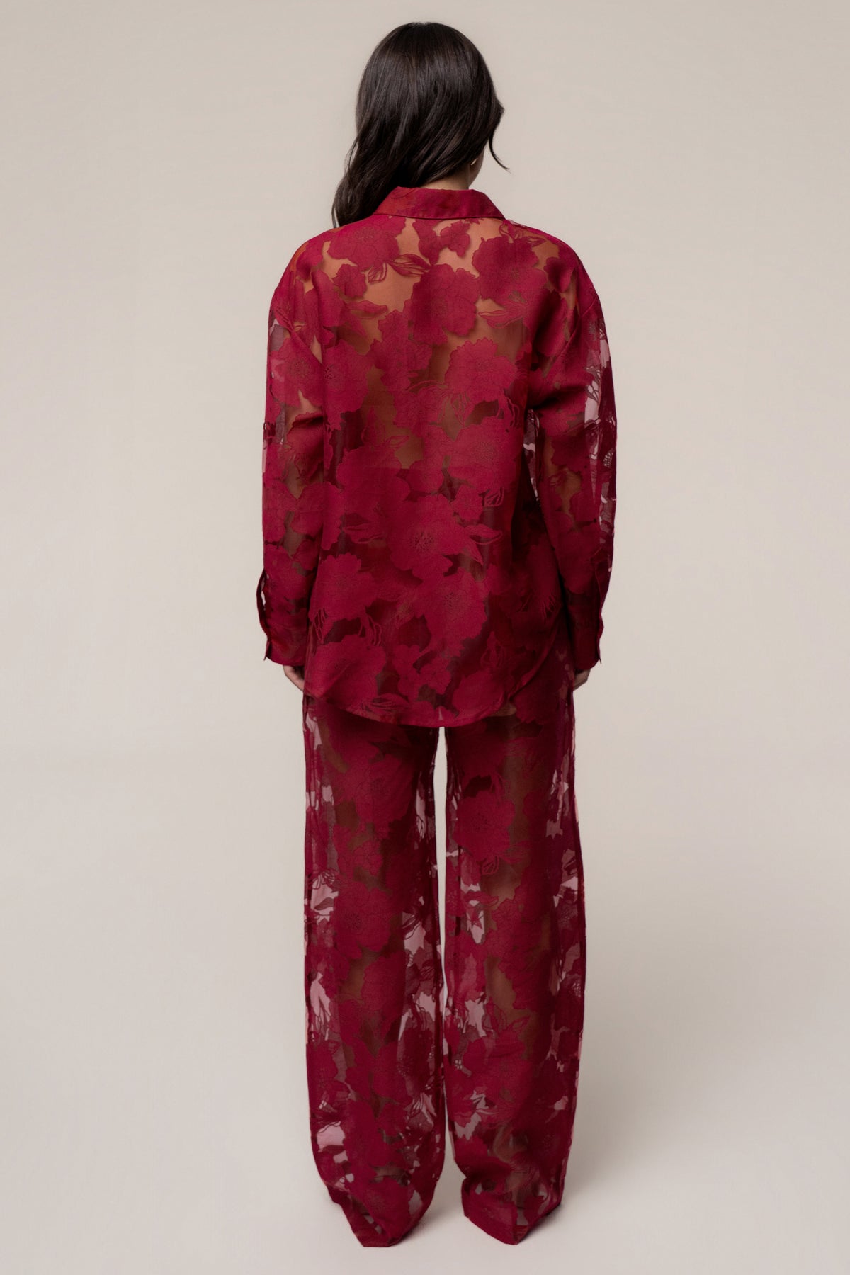 Burgundy Organza Floral Pant - JLUXLABEL