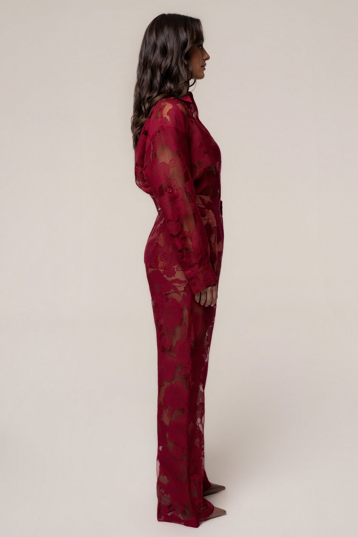 Burgundy Organza Floral Pant - JLUXLABEL