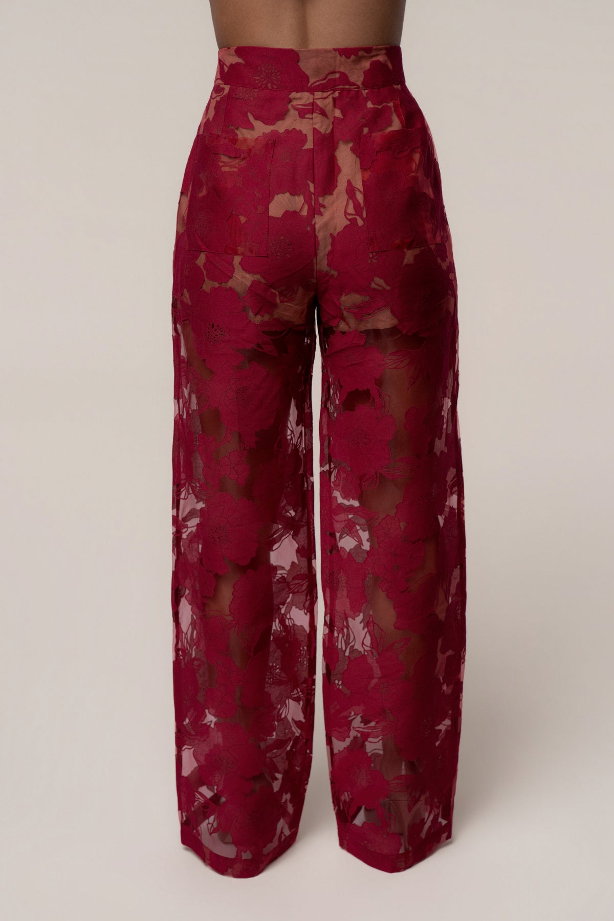 Burgundy Organza Floral Pant - JLUXLABEL