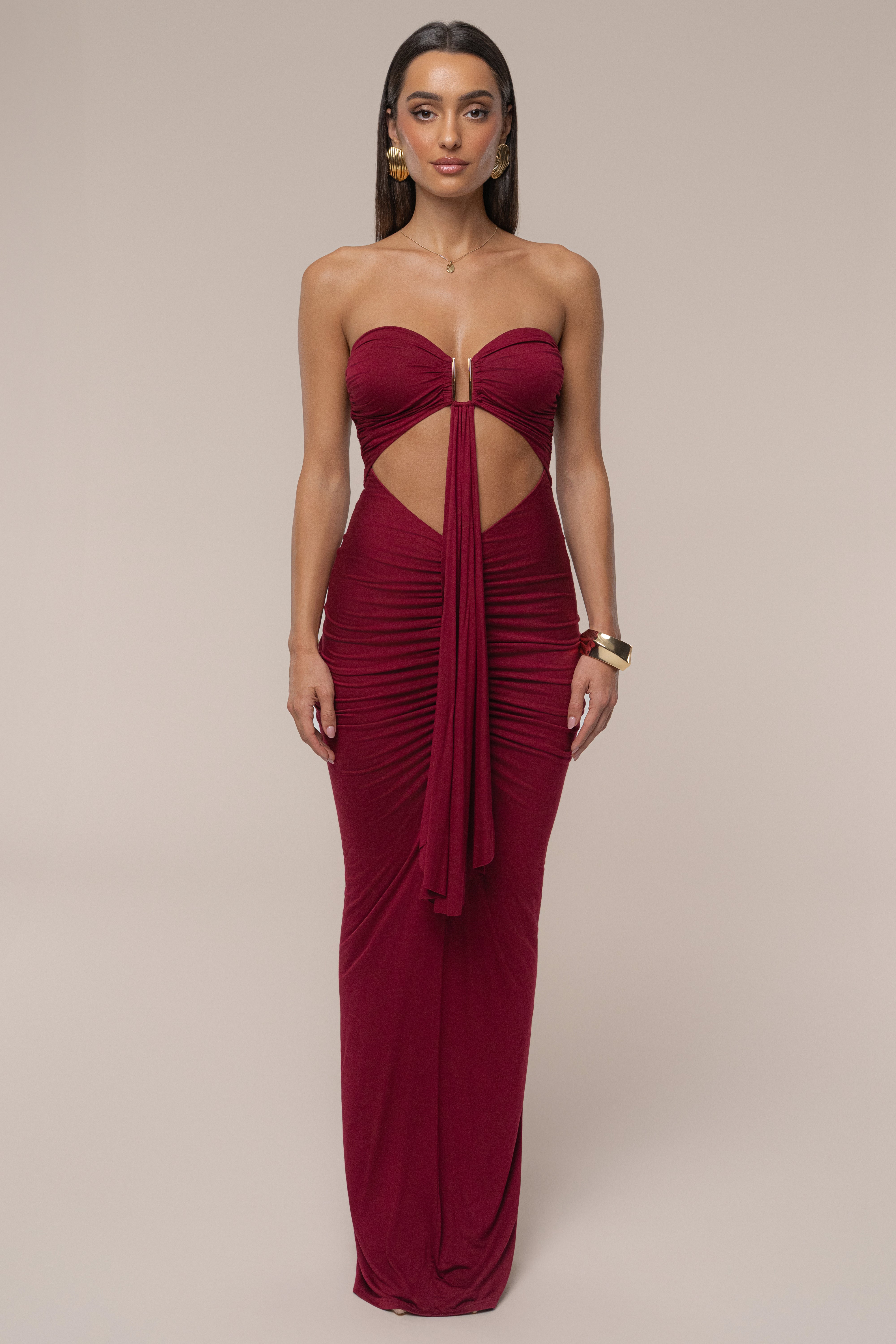 Burgundy Atlantis Drape Maxi Dress - JLUXLABEL