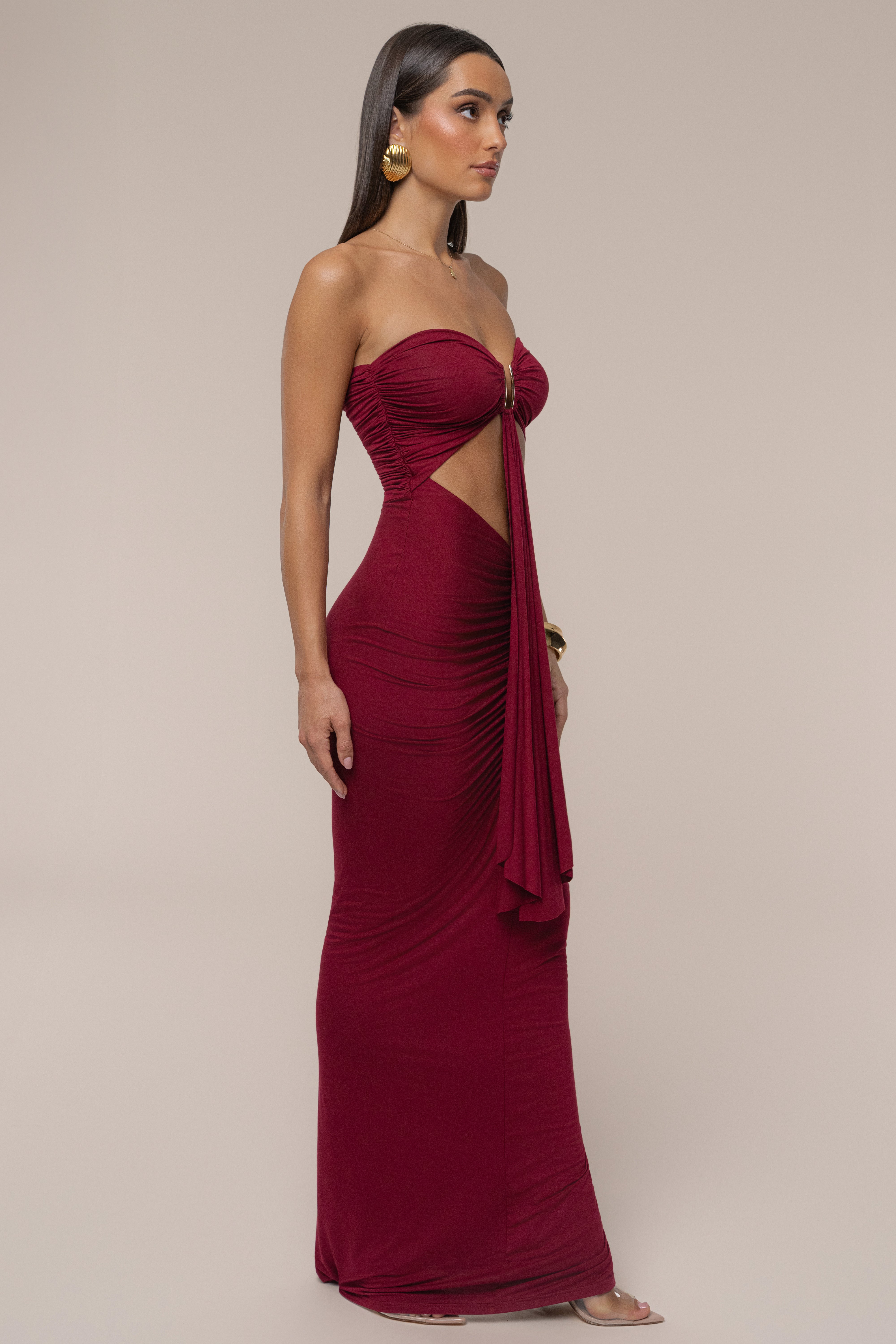 Burgundy Atlantis Drape Maxi Dress - JLUXLABEL