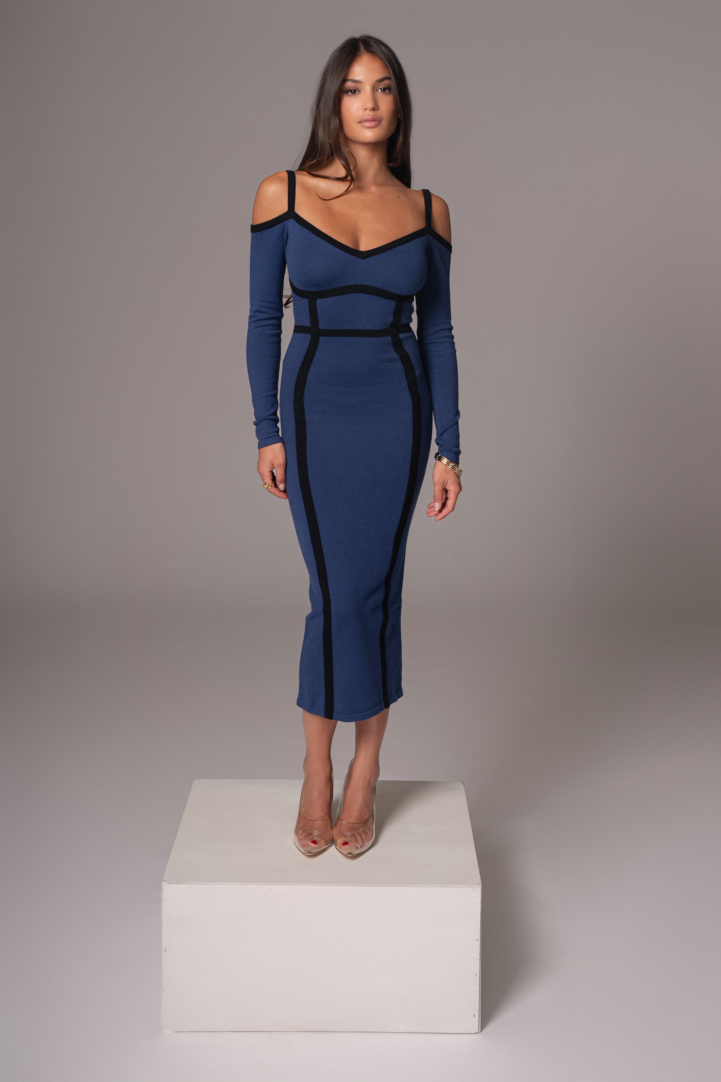 Navy Debora Knit Midi Dress - JLUXLABEL