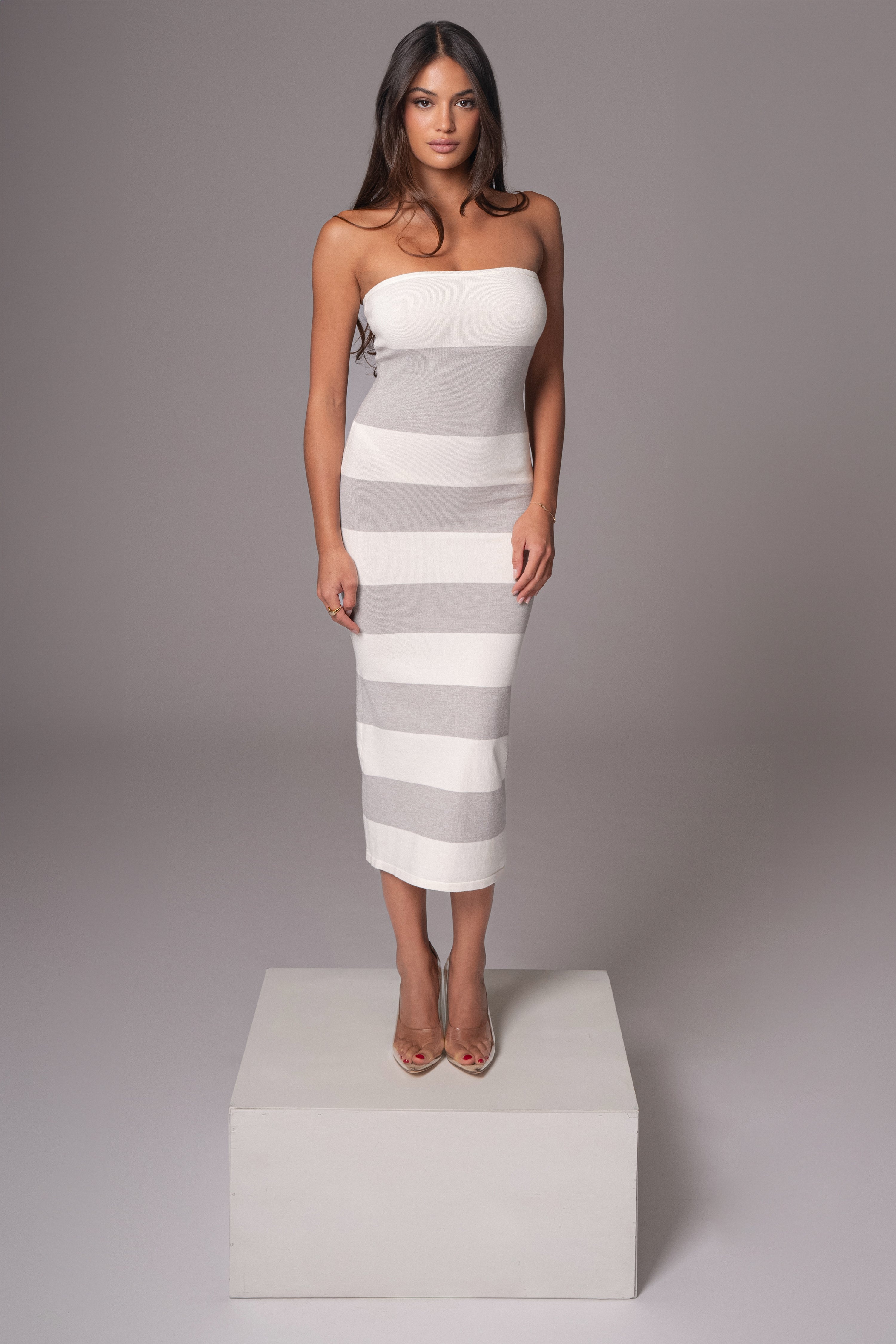 Ivory/Heather Grey Striped Strapless Midi Dress - JLUXLABEL