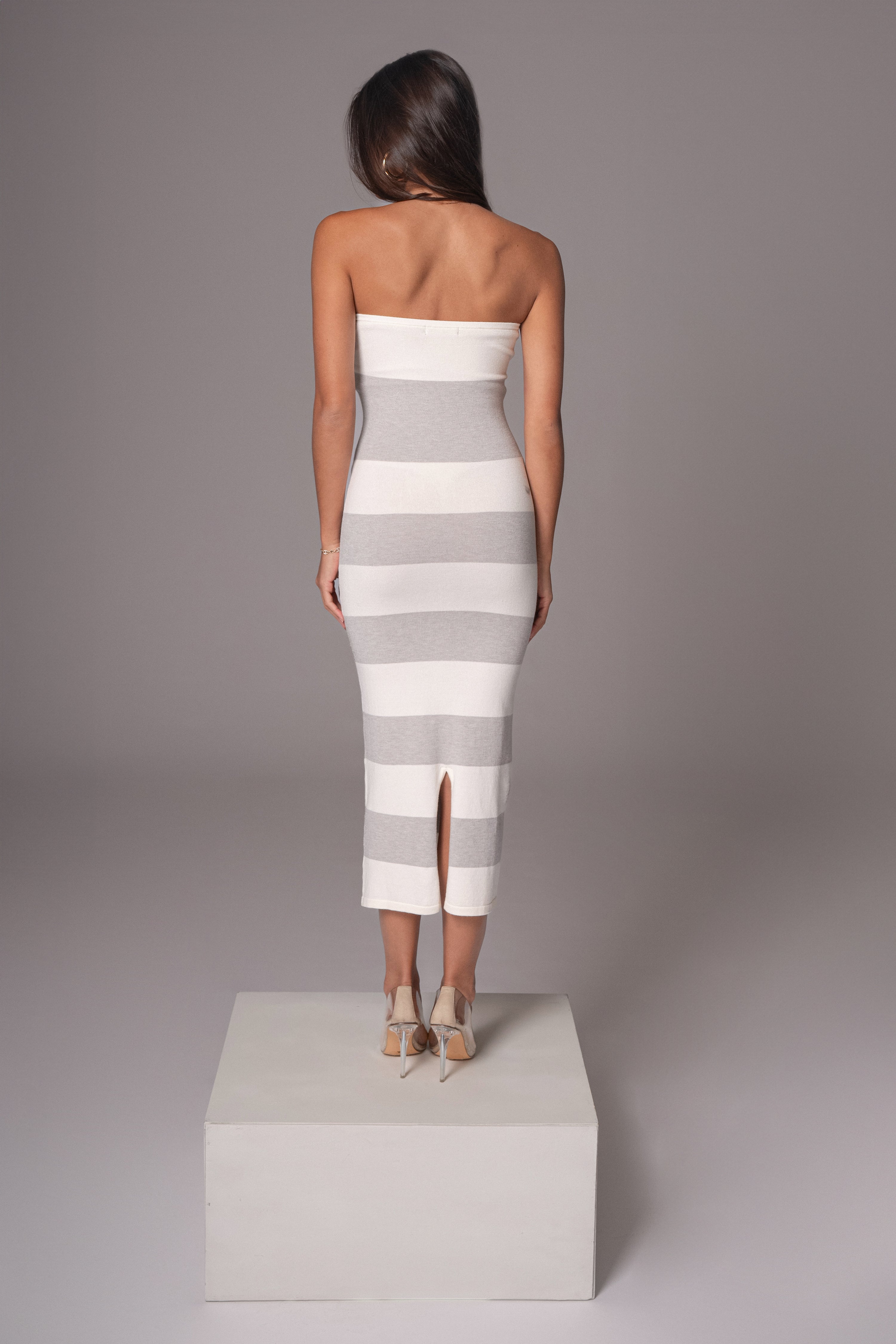 Ivory/Heather Grey Striped Strapless Midi Dress - JLUXLABEL
