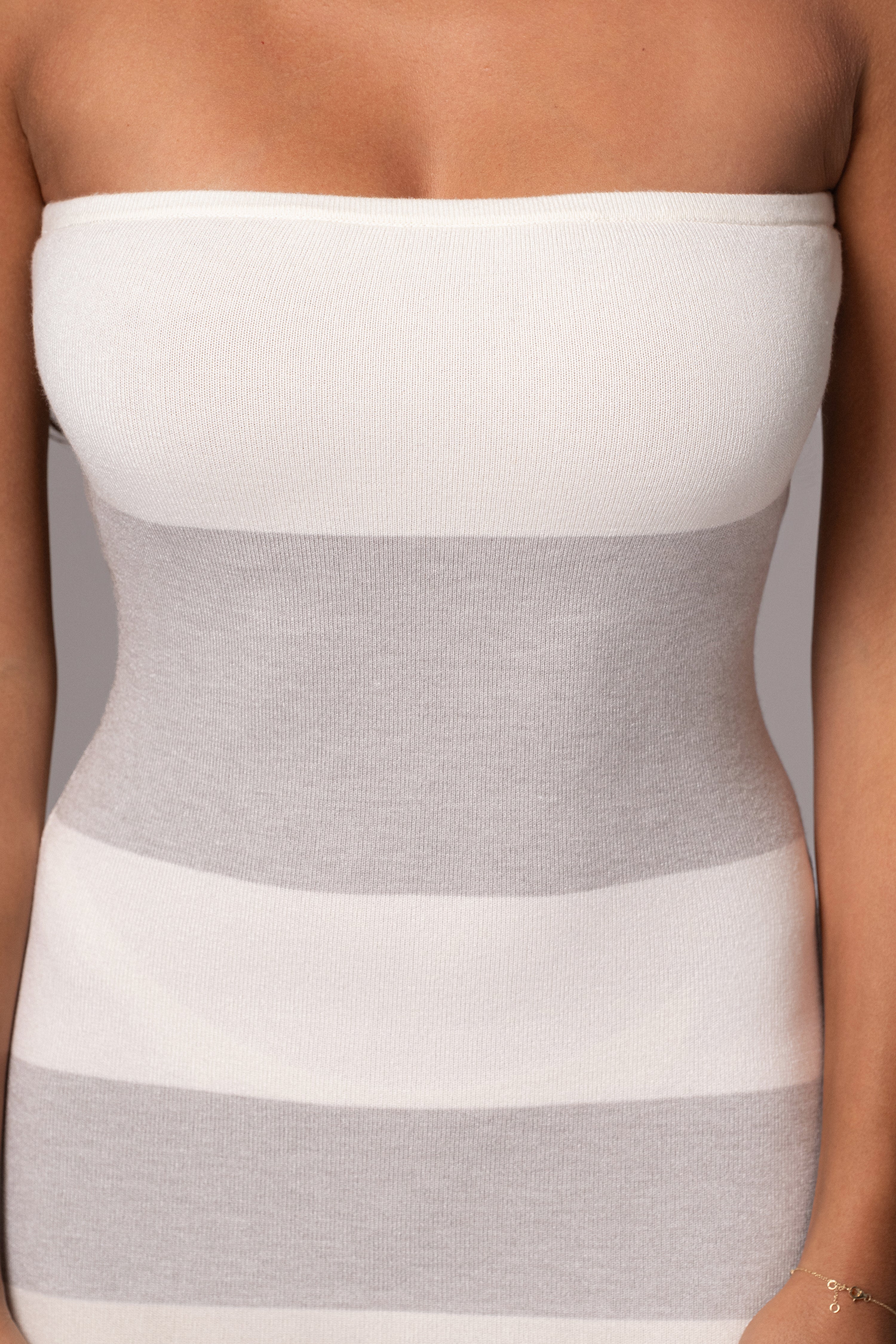 Ivory/Heather Grey Striped Strapless Midi Dress - JLUXLABEL