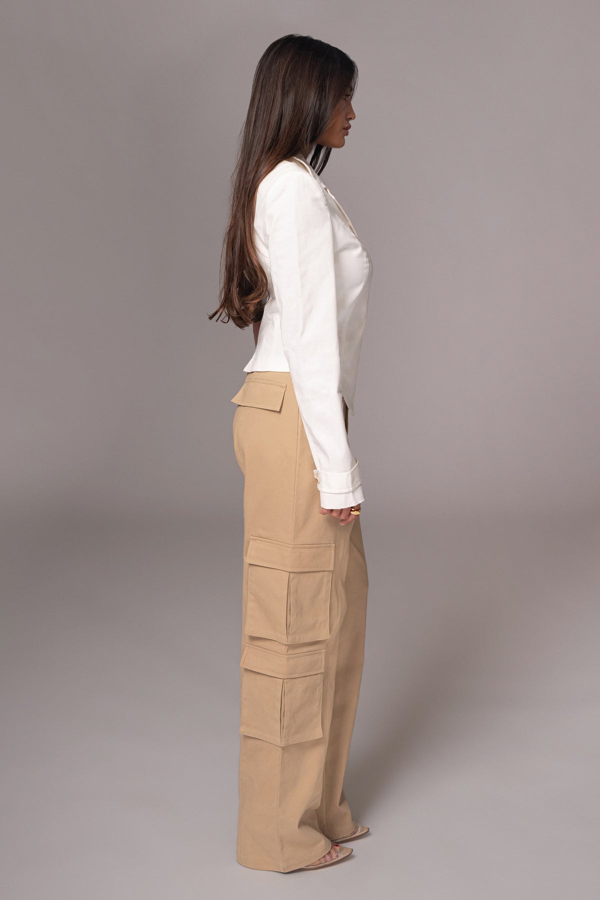 Khaki JLUXLABEL Double Take Cargo Pants with multiple pockets and relaxed fit, shown on a model.