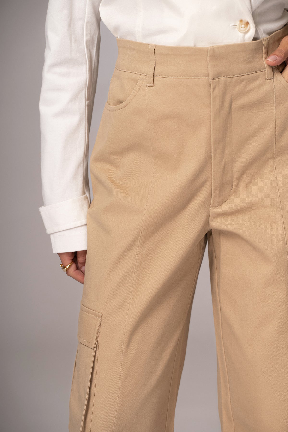 Khaki JLUXLABEL Double Take Cargo Pants displayed on a model, featuring multiple pockets and a relaxed fit for casual style.
