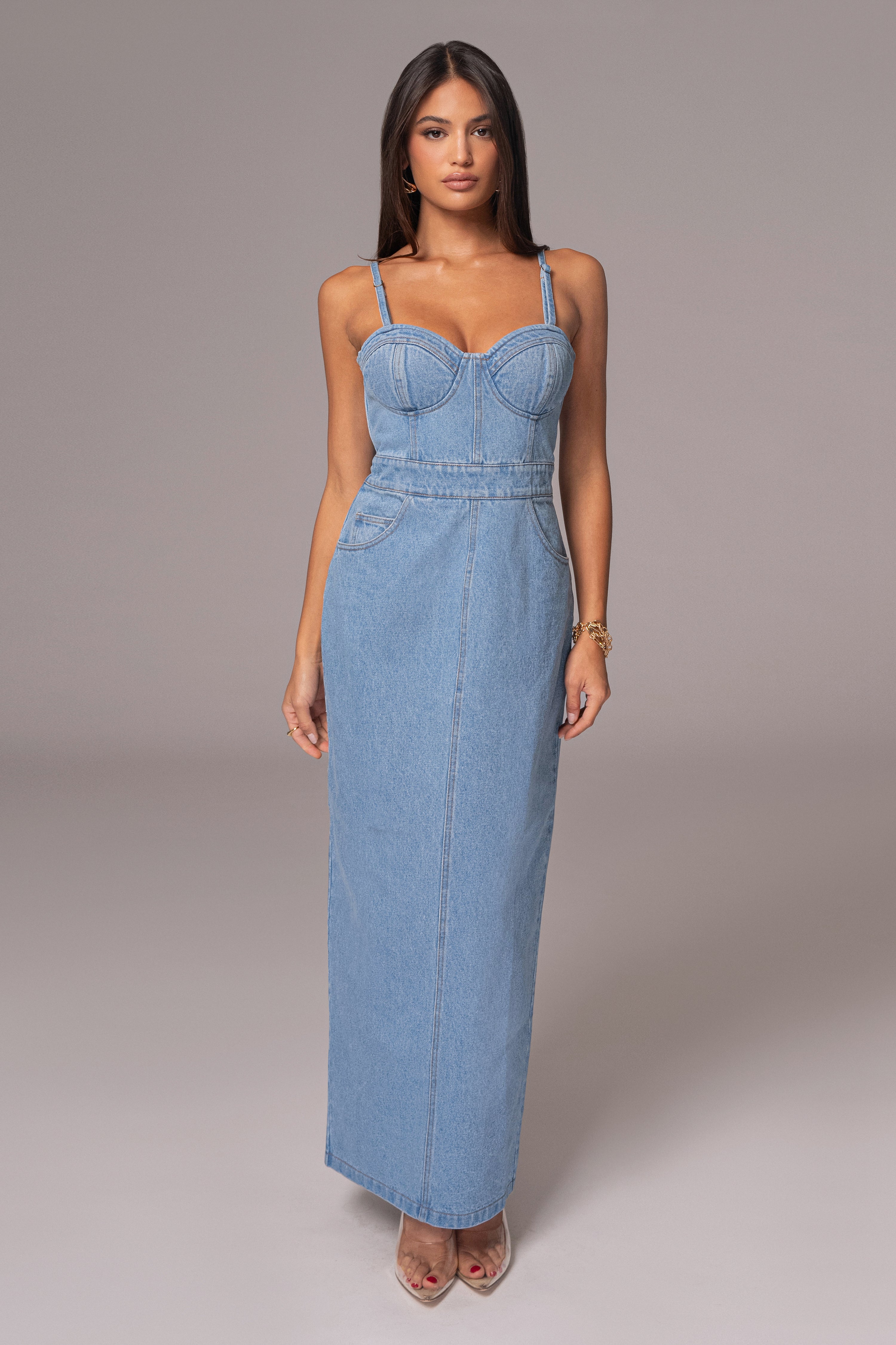 Medium Wash Mara Denim Bustier Dress - JLUXLABEL