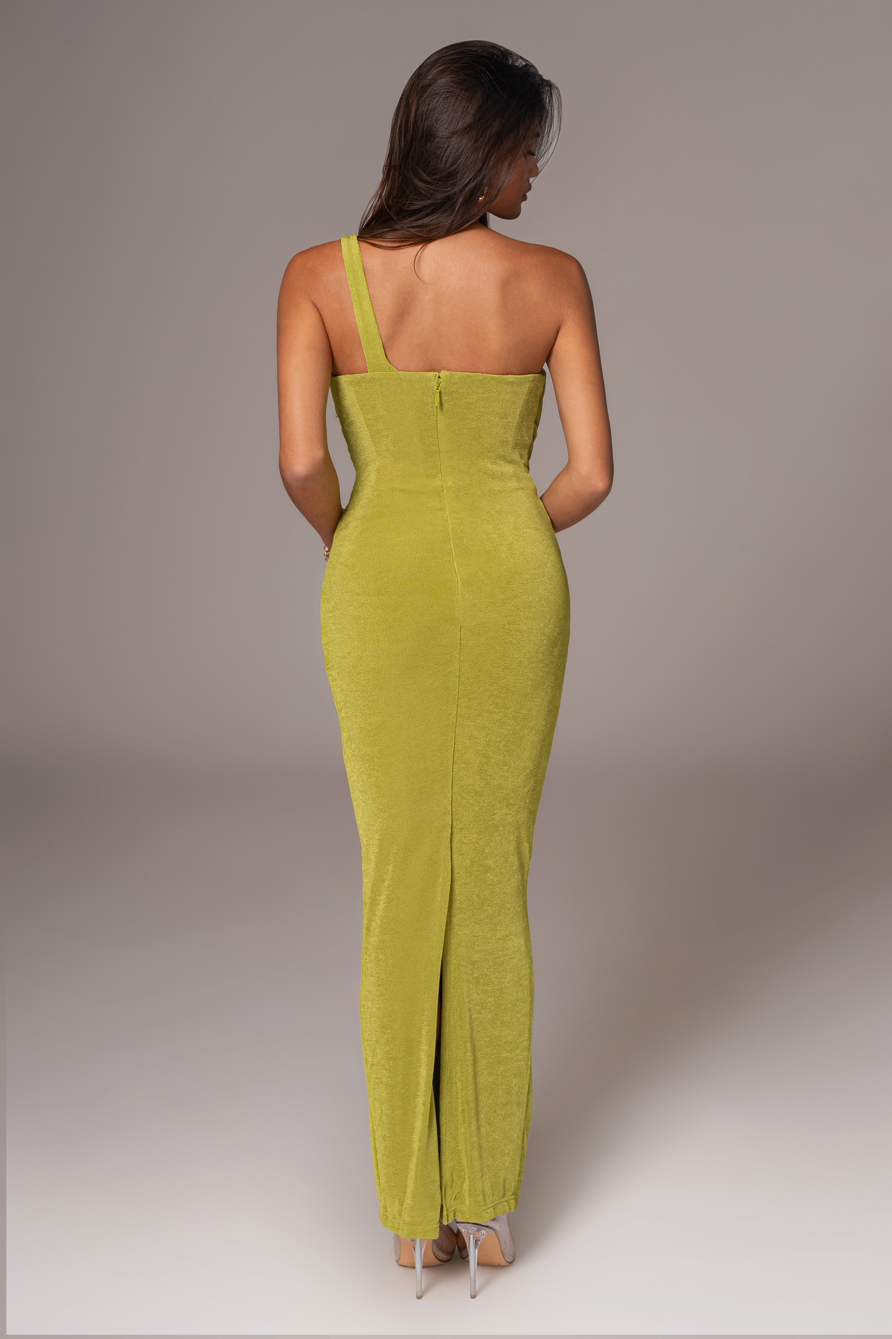 Lime Green Slinky Krishna One Shoulder Maxi Dress - JLUXLABEL