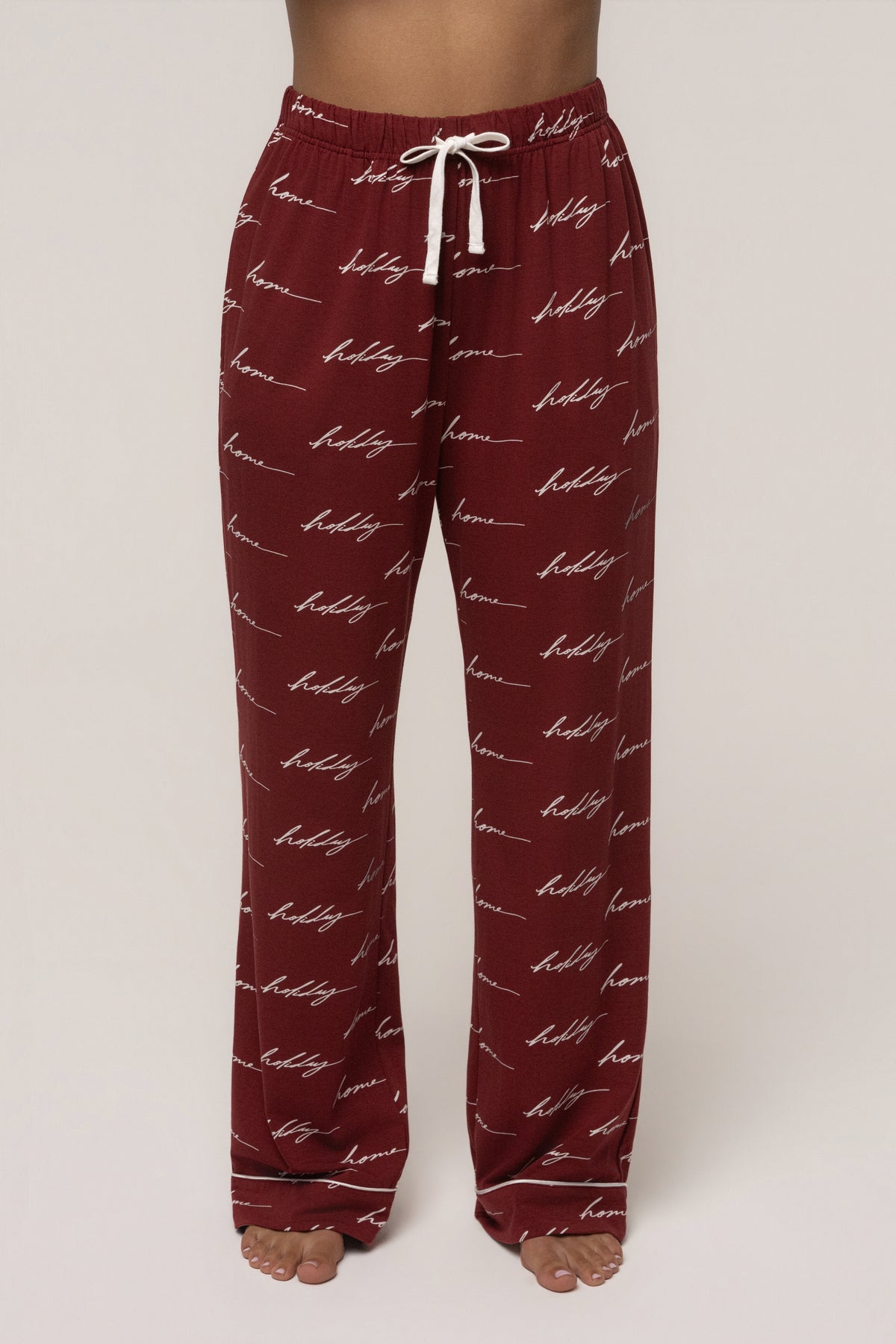 Burgundy JLUXLABEL Home For The Holidays adult pajama set with long sleeve top and matching pants, cozy winter sleepwear.