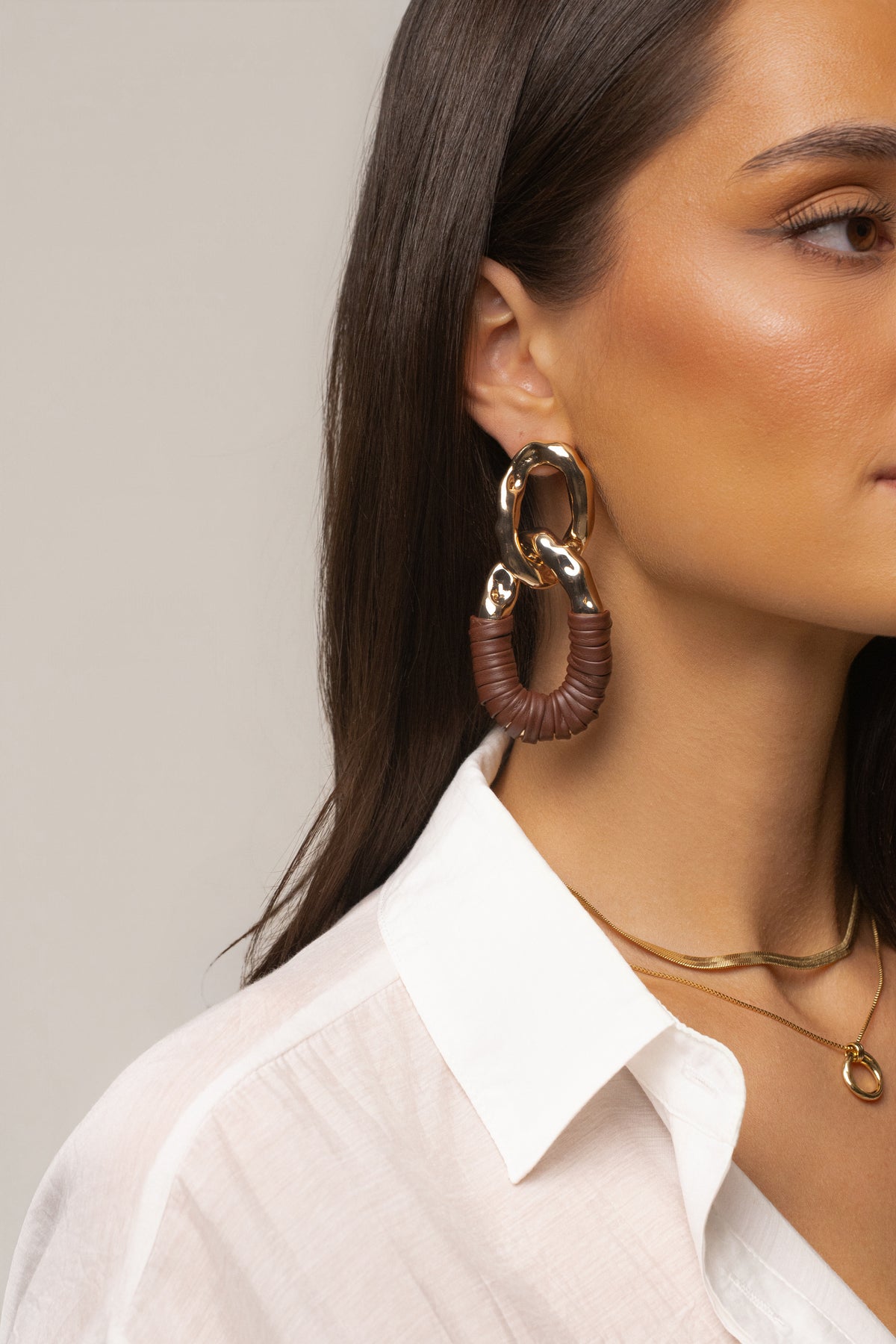 Brown Camille earrings by JLUXLABEL, stylish jewelry with gold-tone accents, featuring elegant hoop design and textured finish.