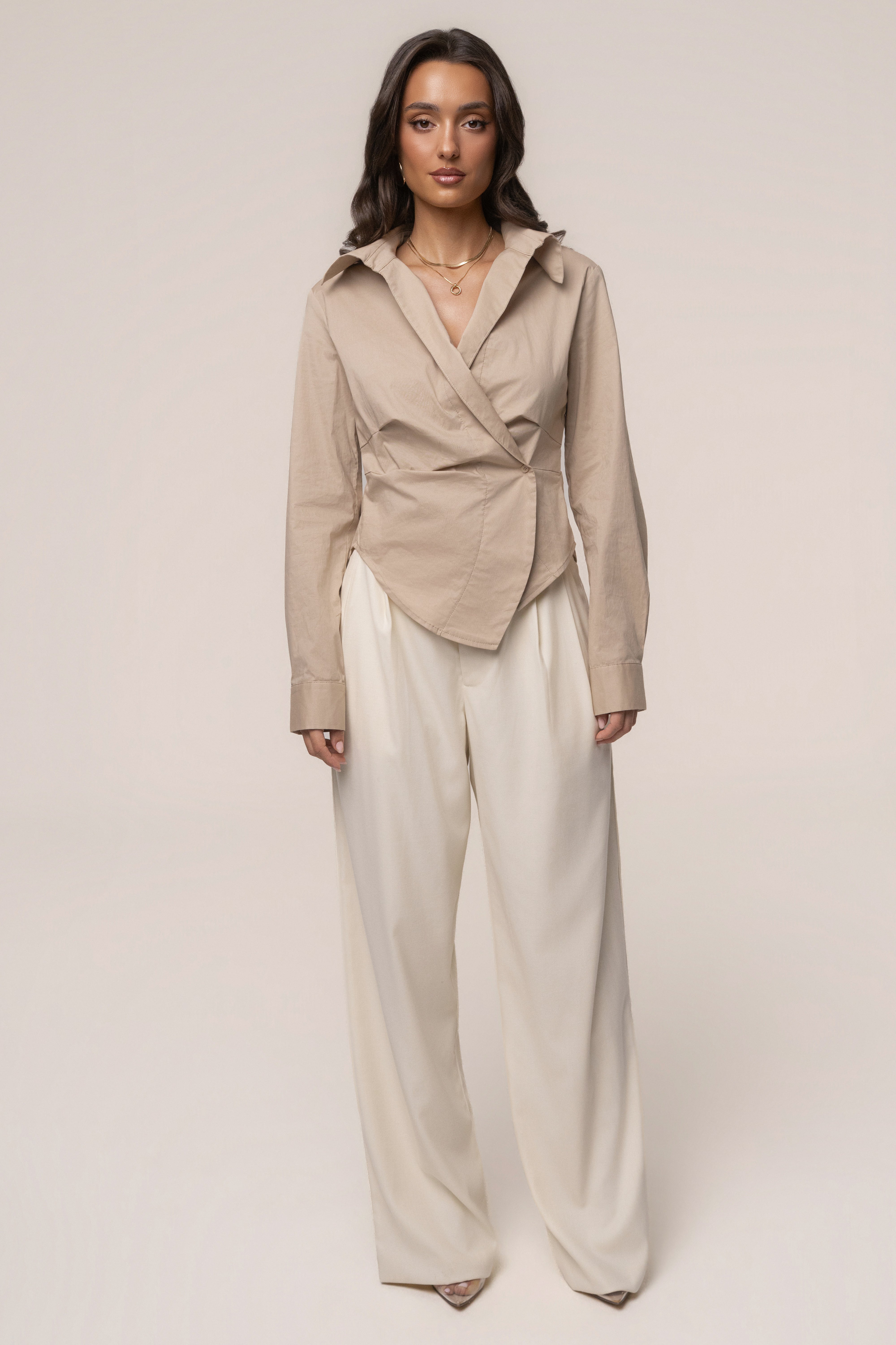Beige Sculpt and Form blouse by JLUXLABEL, featuring a stylish top with a flattering fit and elegant design.