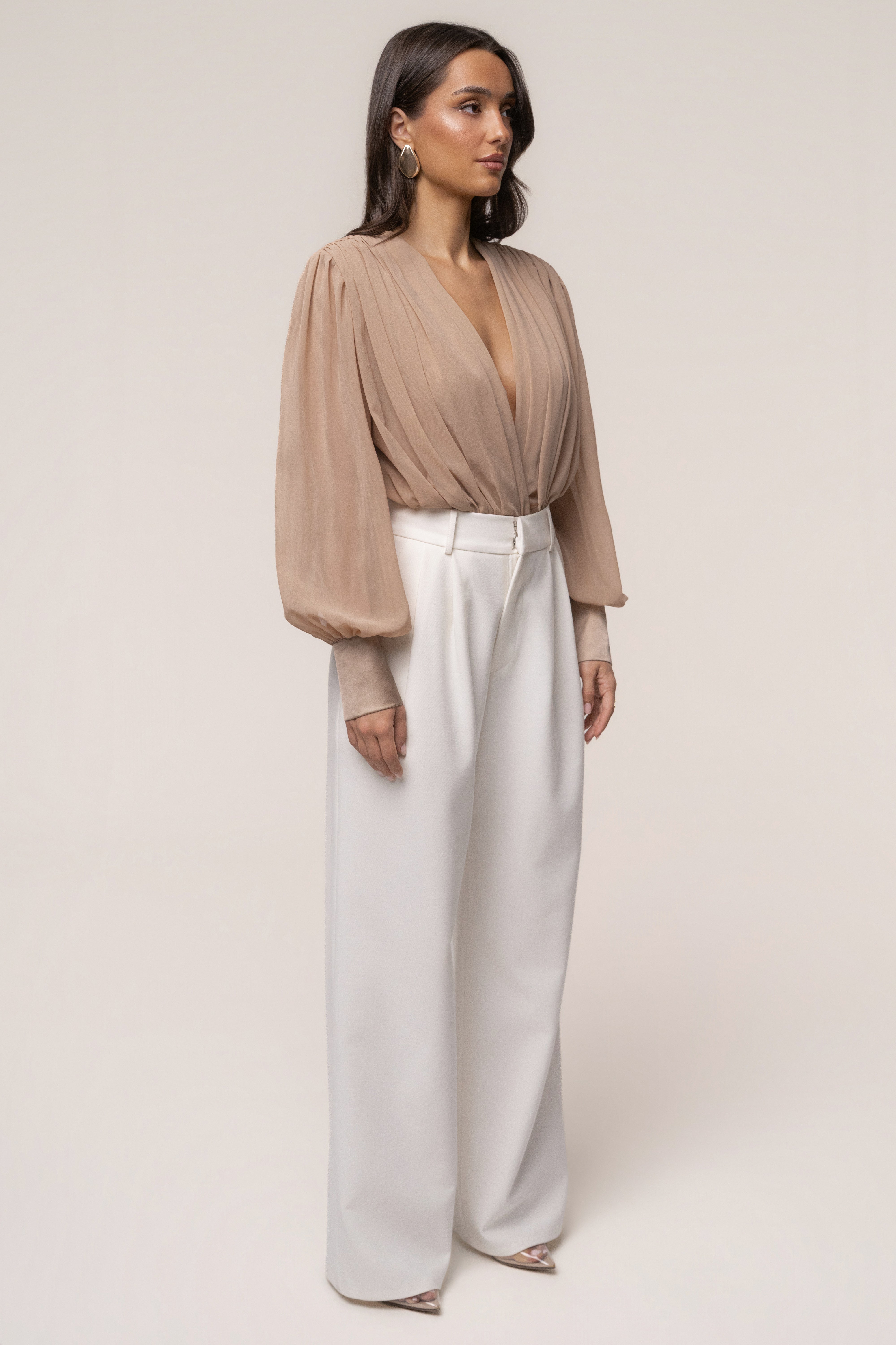 Tan JLUXLABEL refined pleated chiffon top with elegant pleats and lightweight fabric, perfect for stylish casual or dressy outfits.