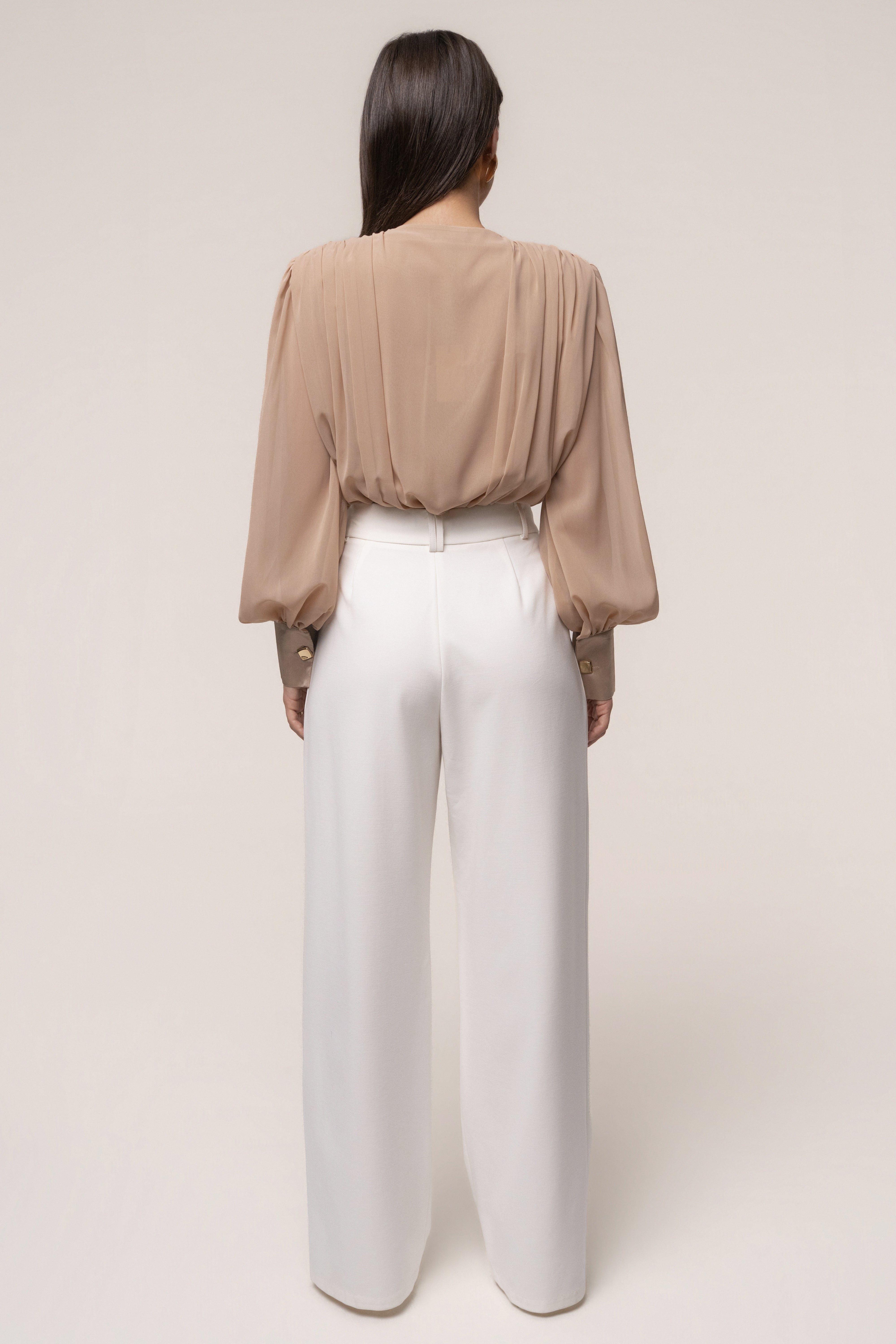 Tan JLUXLABEL pleated chiffon top with refined detailing, featuring a flowy, elegant design suitable for stylish casual wear.