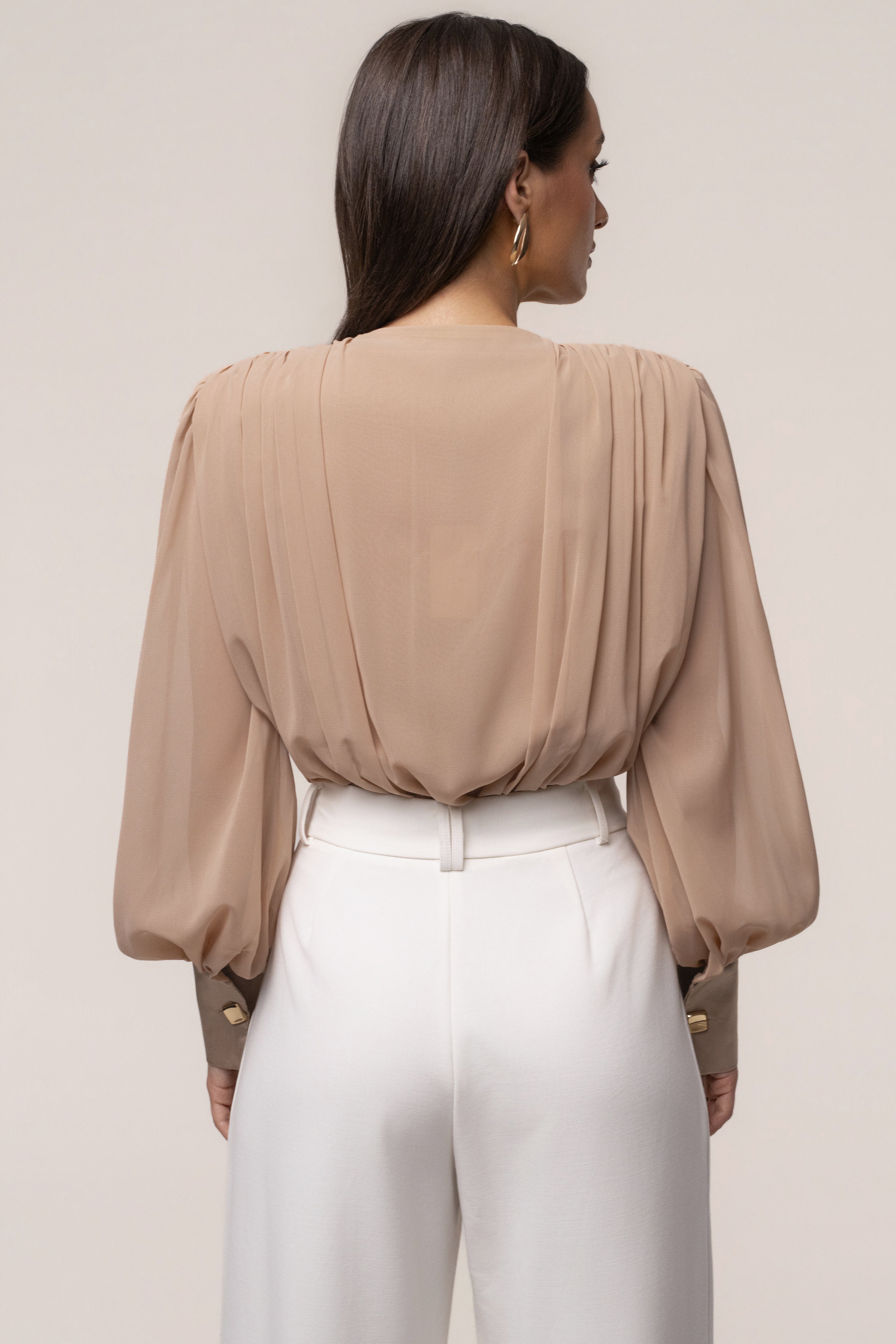 Tan JLUXLABEL pleated chiffon top with refined design, featuring lightweight fabric and elegant pleats for a sophisticated look.