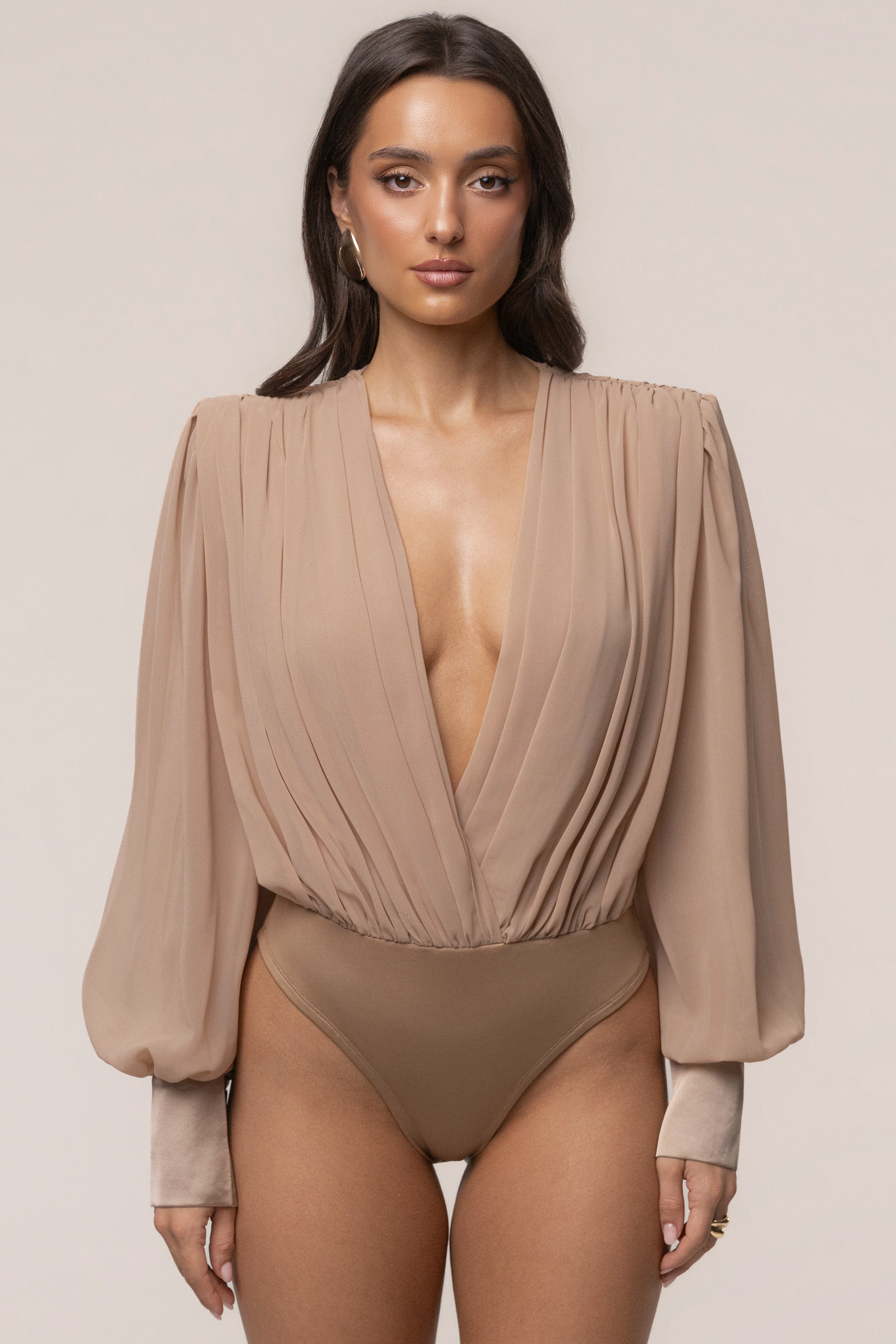 Tan JLUXLABEL pleated chiffon top with refined design, featuring a flowy, elegant silhouette and lightweight fabric.
