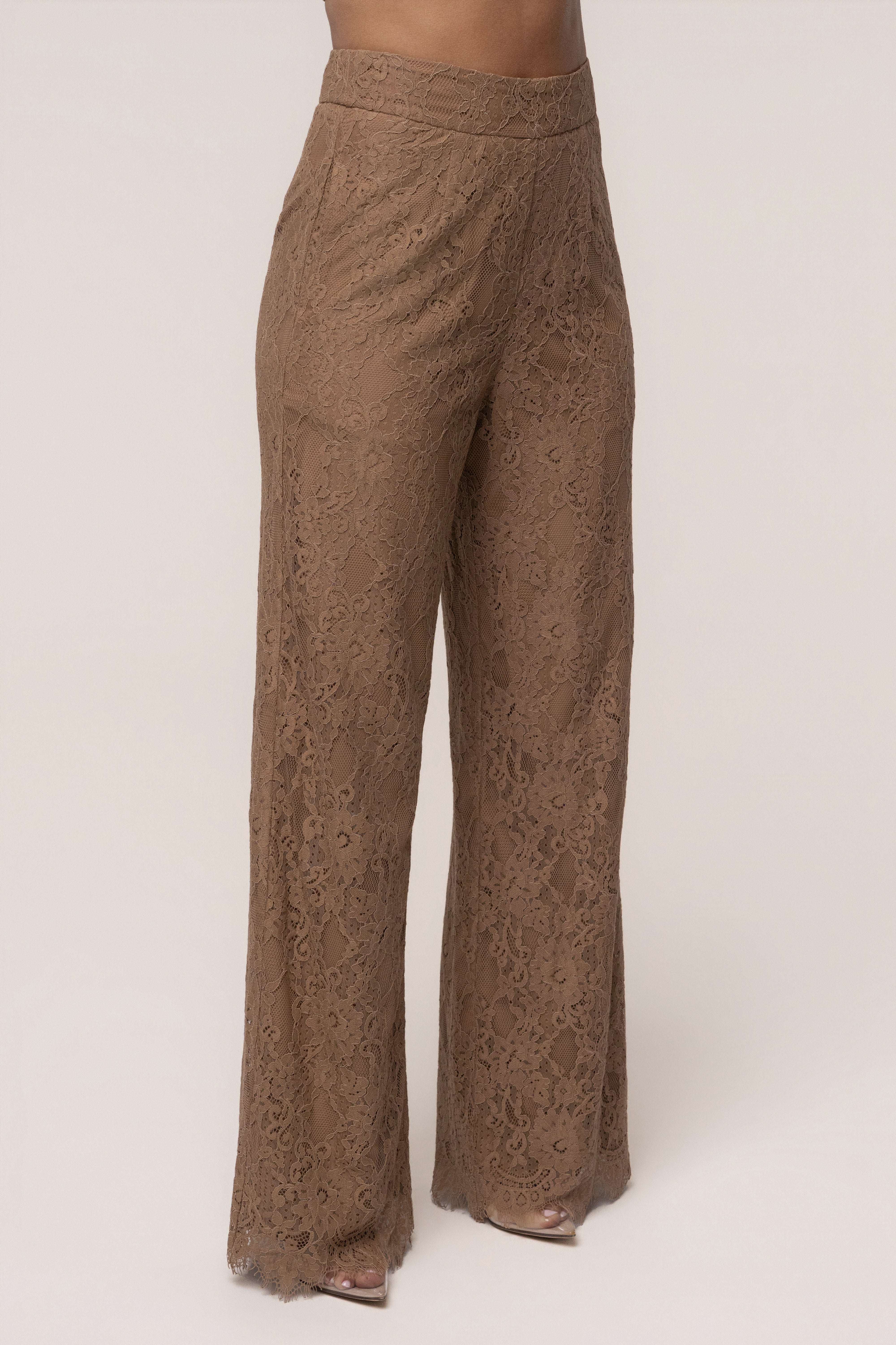 Tan JLUXLABEL Forever Crush Lace Pant bottoms with intricate lace design and fitted silhouette.