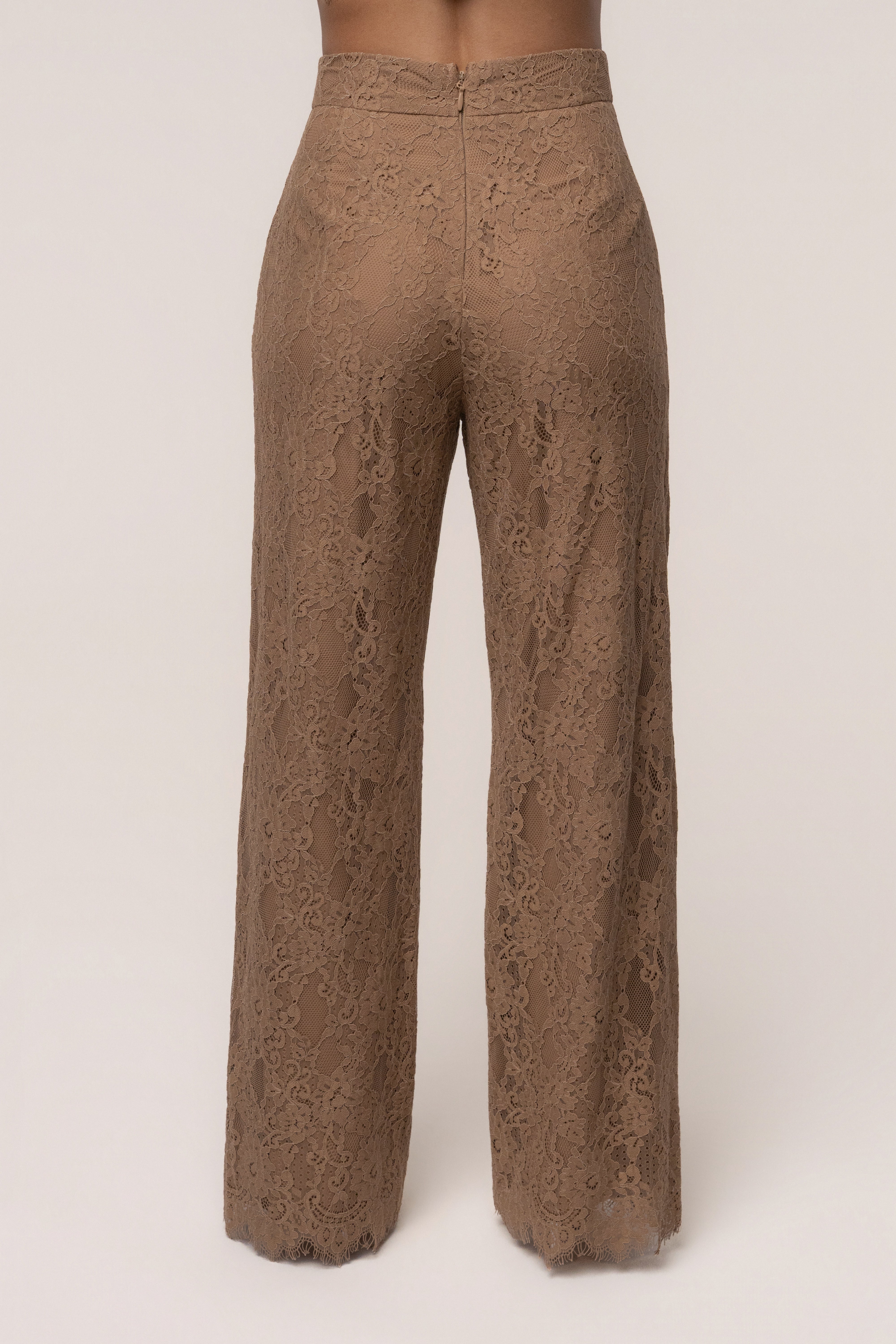 Tan JLUXLABEL Forever Crush Lace Pant bottoms with intricate lace design and fitted style.