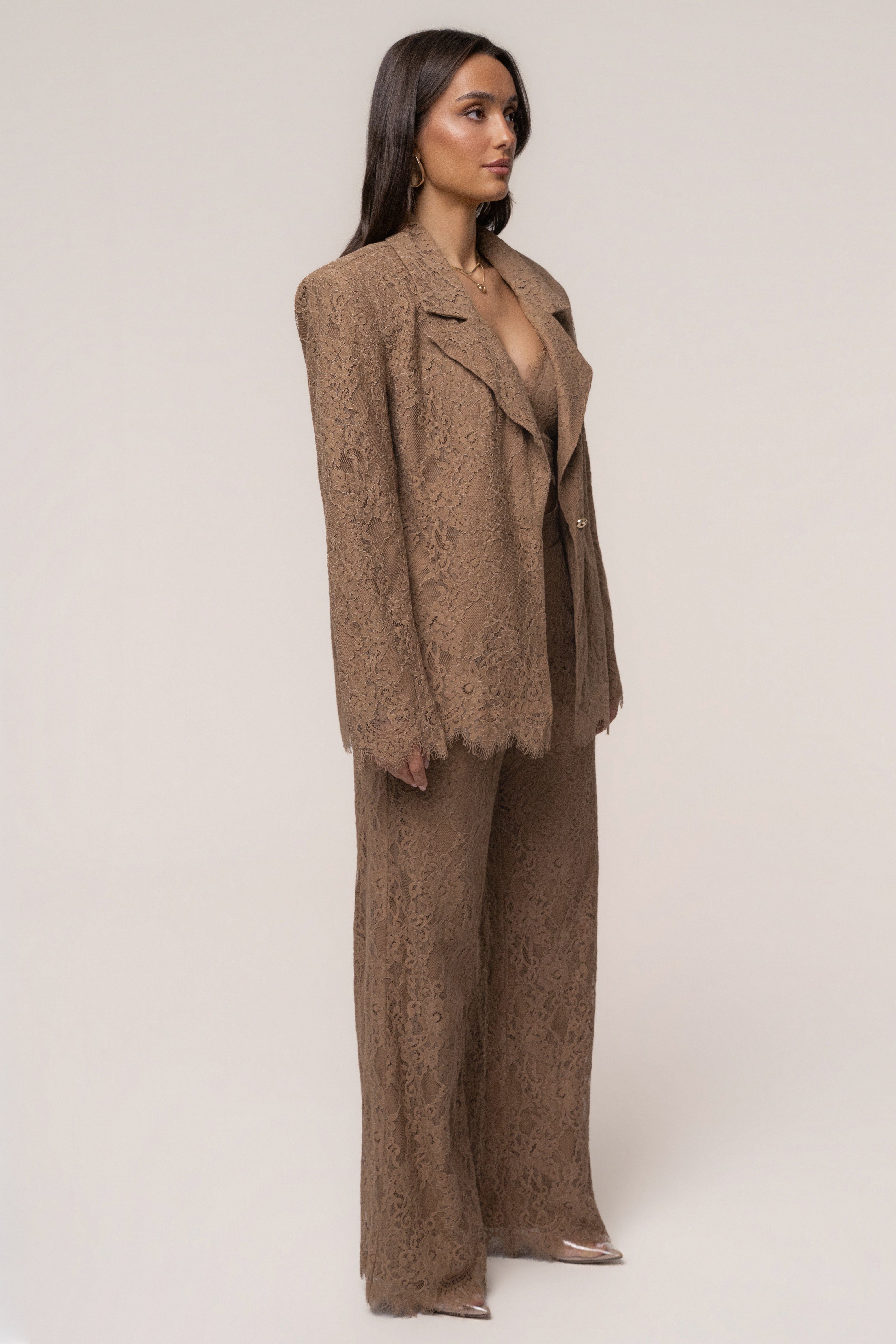 Tan lace and desire blazer, JLUXLABEL outerwear with a tailored fit, featuring intricate lace details and stylish design.
