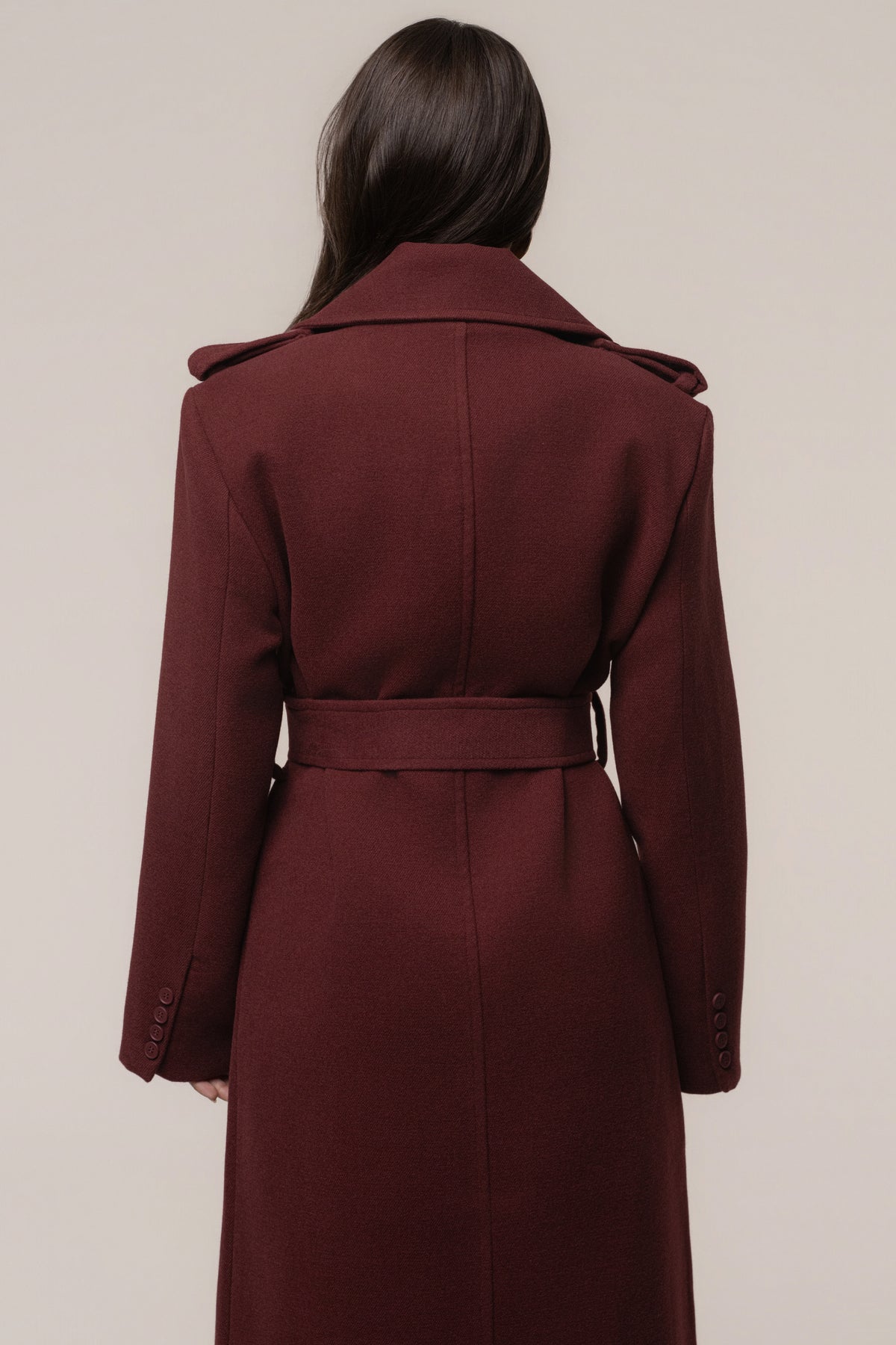 Burgundy Savannah belted coat by JLUXLABEL, stylish outerwear with a tailored fit and belt detail, perfect for cold weather.