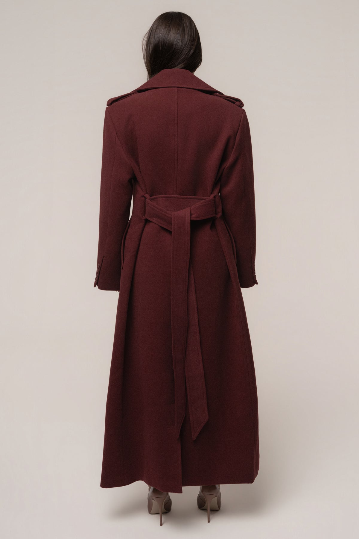 Burgundy JLUXLABEL Savannah belted coat, stylish outerwear with a tailored fit and classic design, displayed on a hanger.