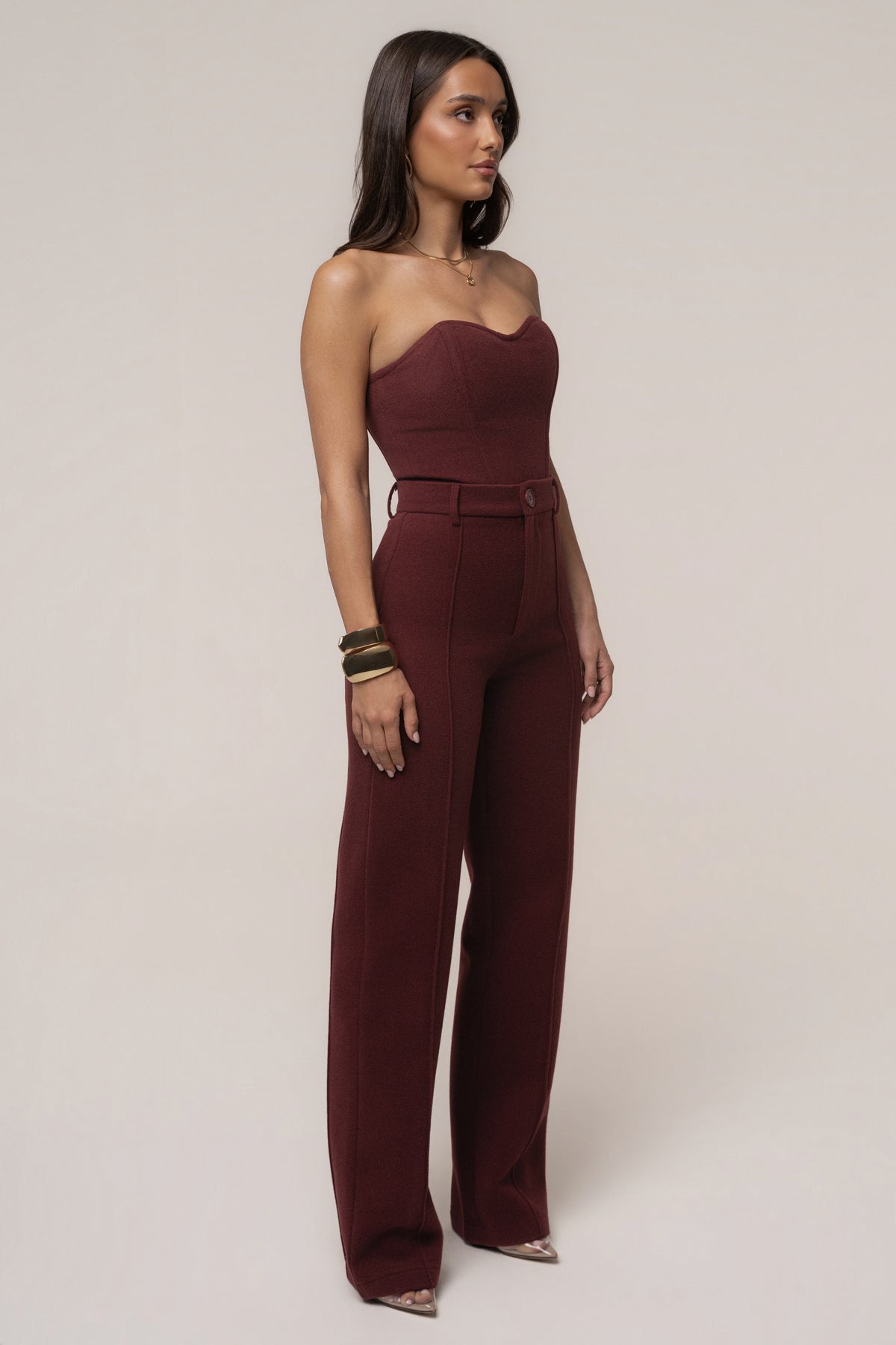 Burgundy JLUXLABEL Stay Sharp trousers, stylish bottoms with tailored fit and sleek fabric, displayed on a hanger.
