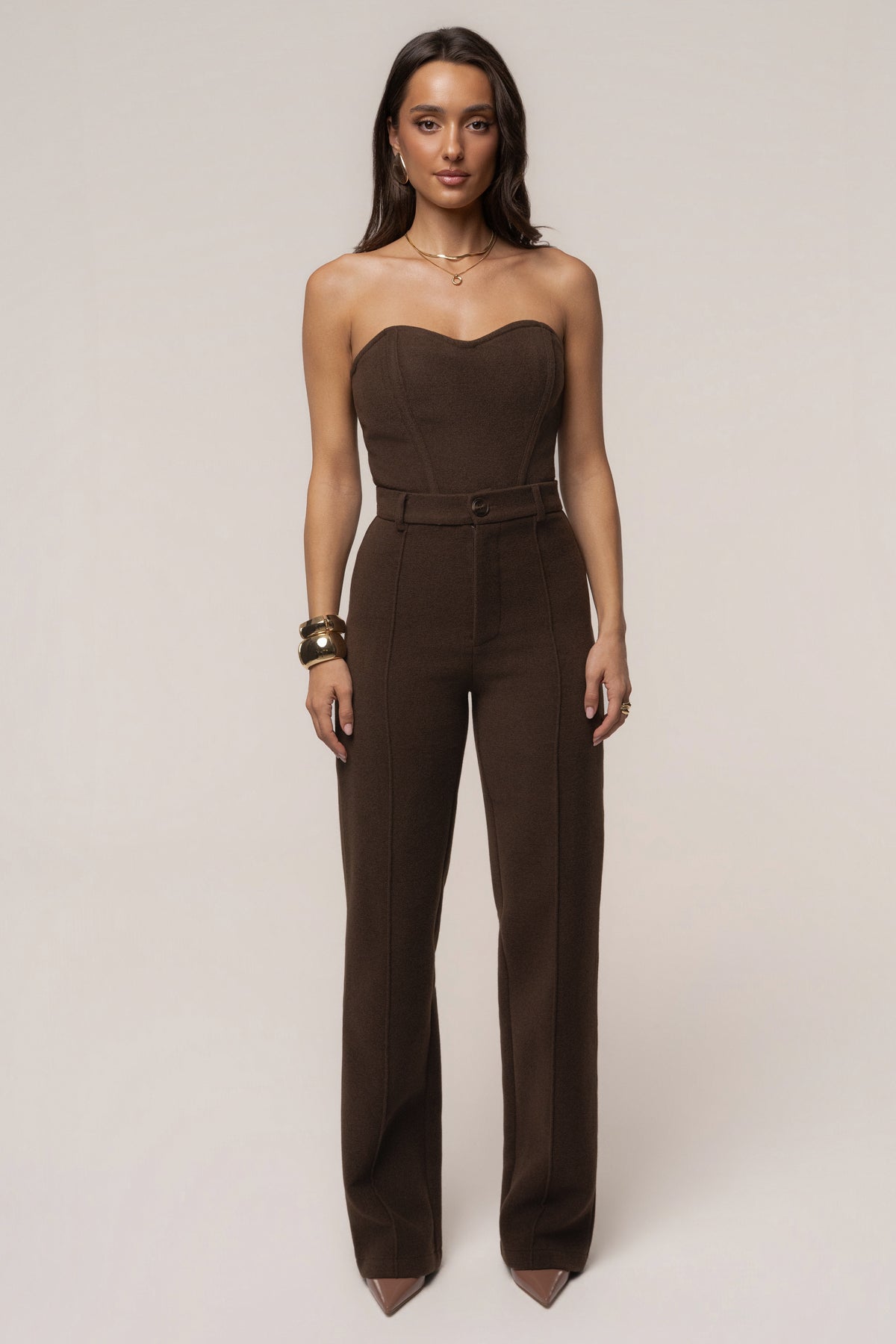 JLUXLABEL Chocolate All You Need woven corset top with intricate stitching and structured design, shown on a model.