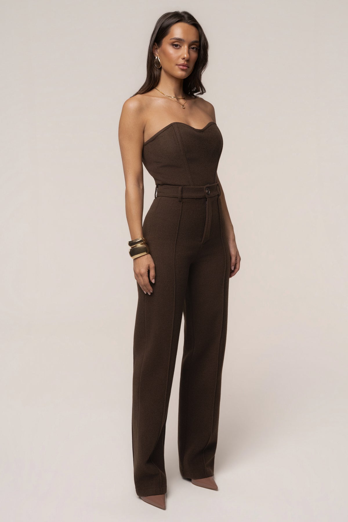 Black JLUXLABEL Chocolate Stay Sharp Trouser shown on a model, featuring tailored fit and sleek design for women's bottoms.