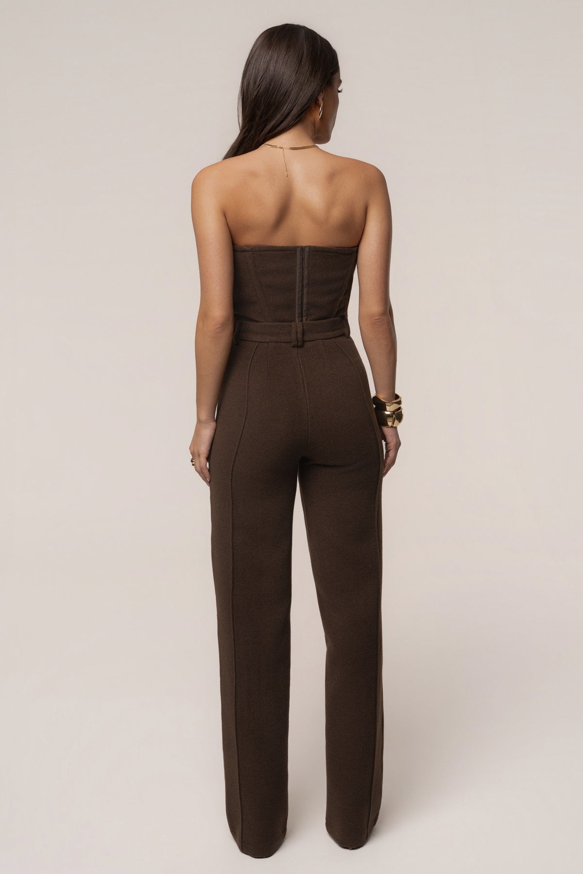 JLUXLABEL Chocolate Stay Sharp Trouser, stylish women's bottoms with tailored fit and sleek design, shown on model.