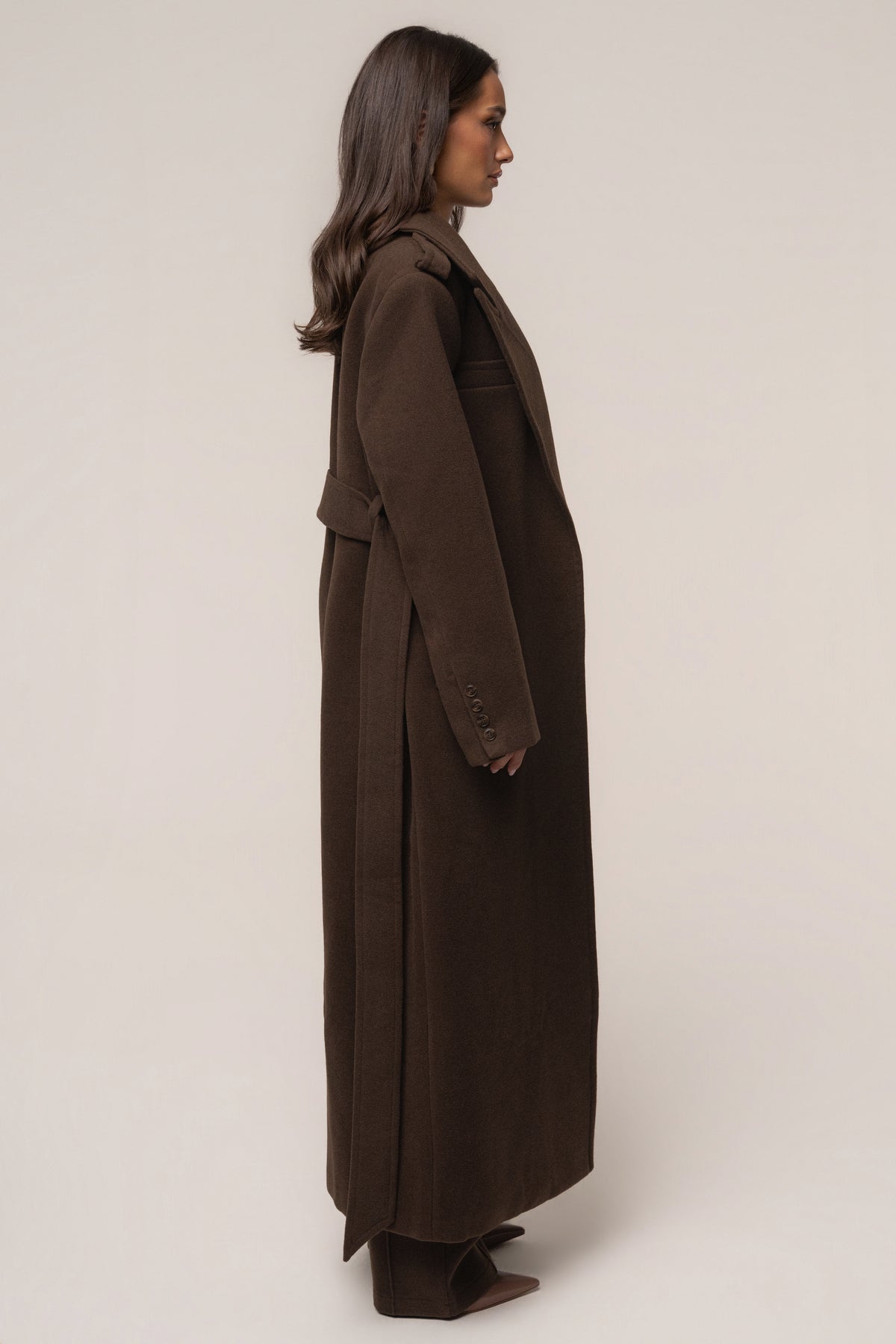 Chocolate Savannah belted coat by JLUXLABEL, stylish outerwear with a belted design and tailored fit, perfect for cold weather.