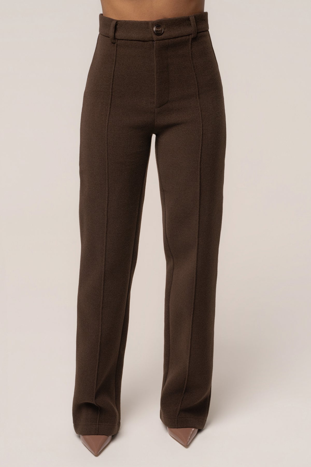 Chocolate JLUXLABEL Stay Sharp Trouser, stylish women's bottoms with a tailored fit and sleek design, shown on a model.