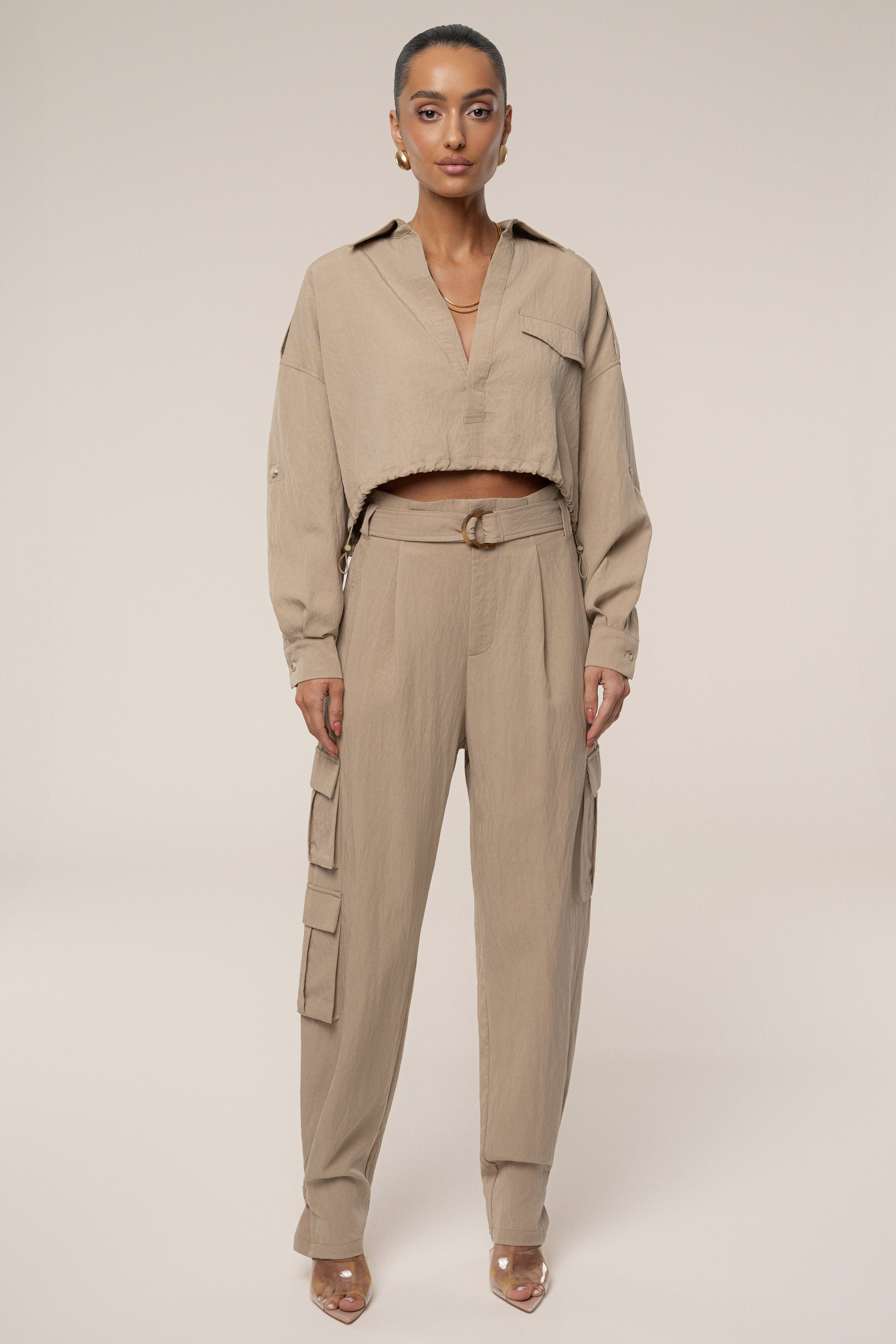 Tan Oasis Collared Crop Top - JLUXLABEL