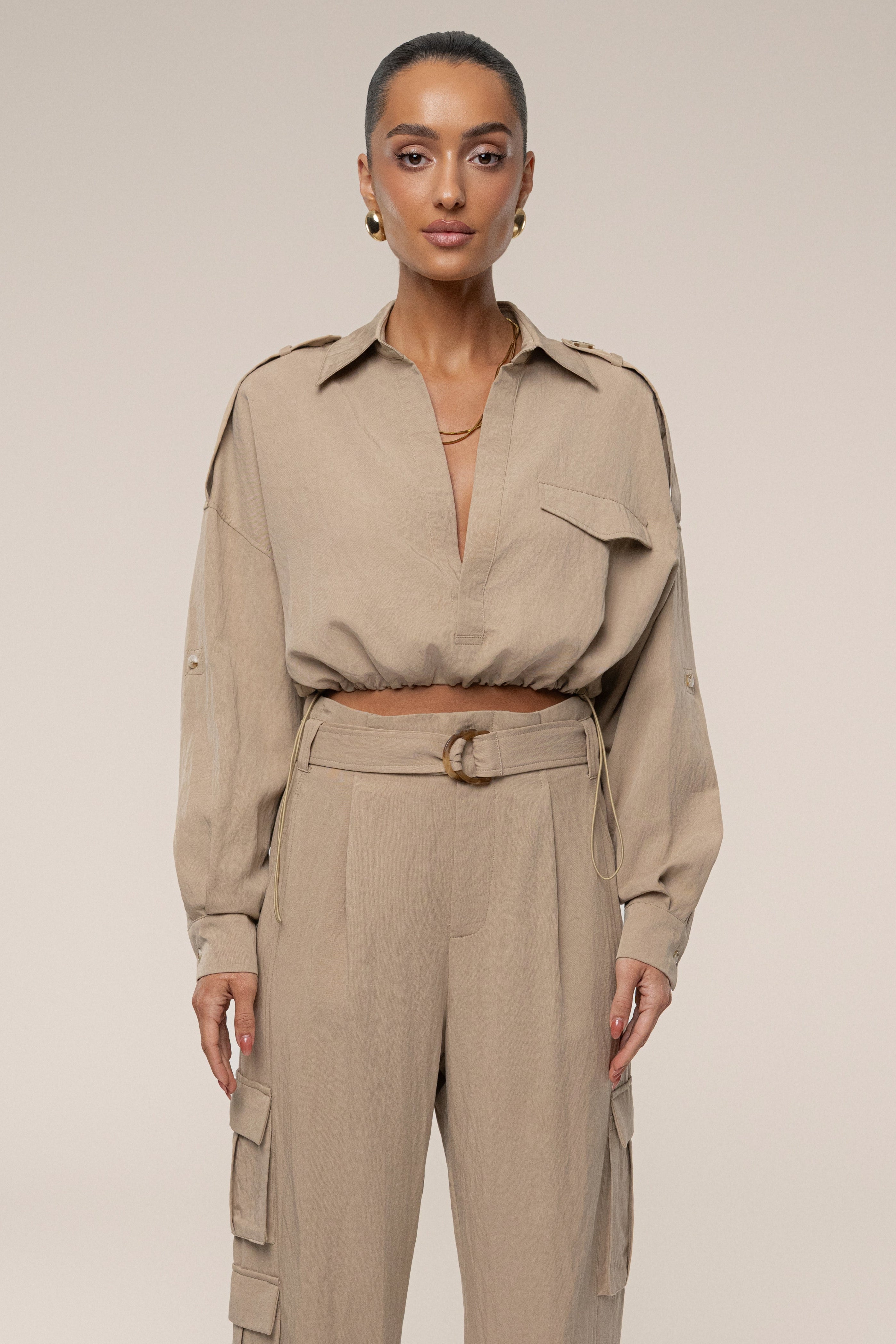 Tan Oasis Collared Crop Top - JLUXLABEL