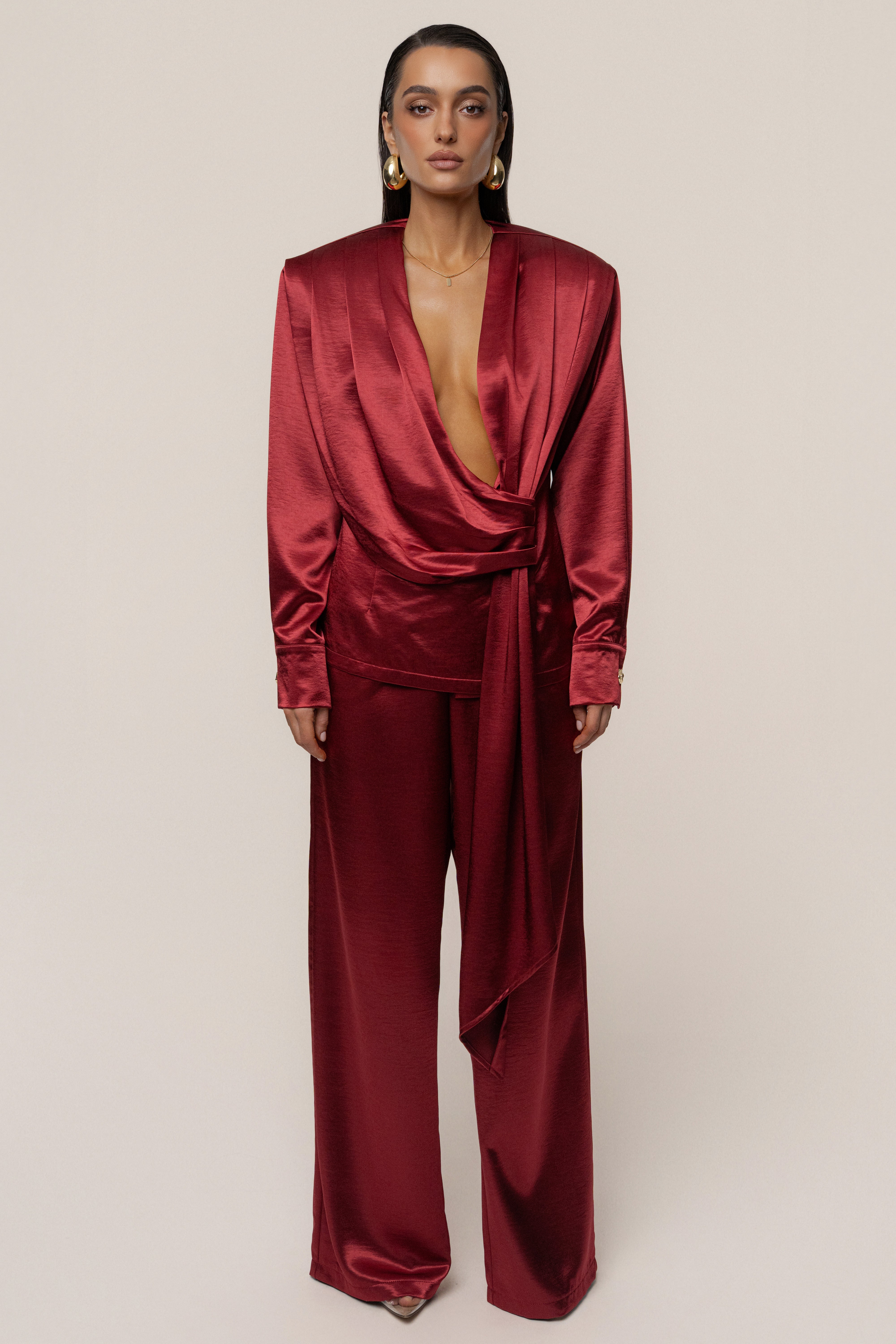 Burgundy Statement Draped Satin Top