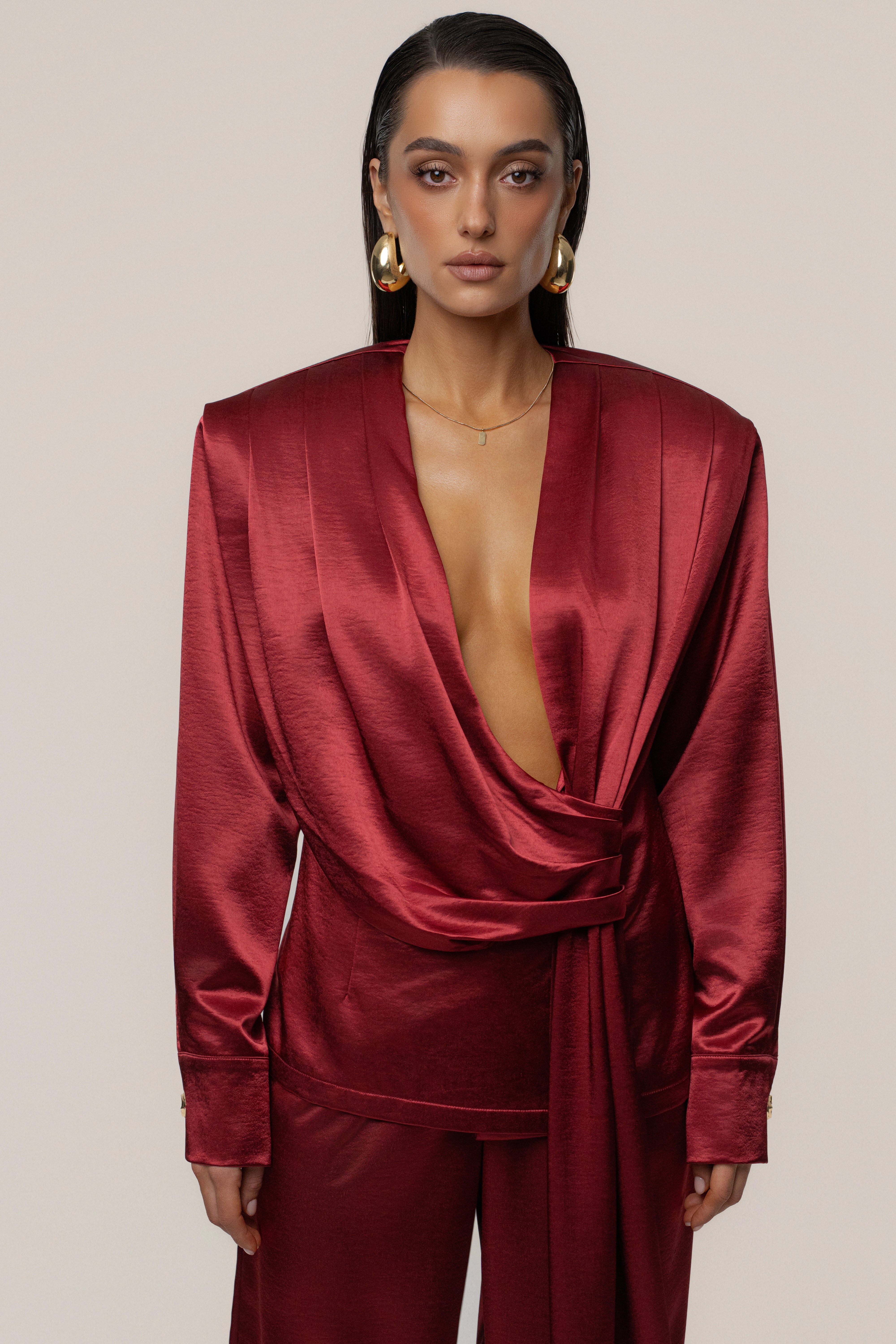 Burgundy Statement Draped Satin Top