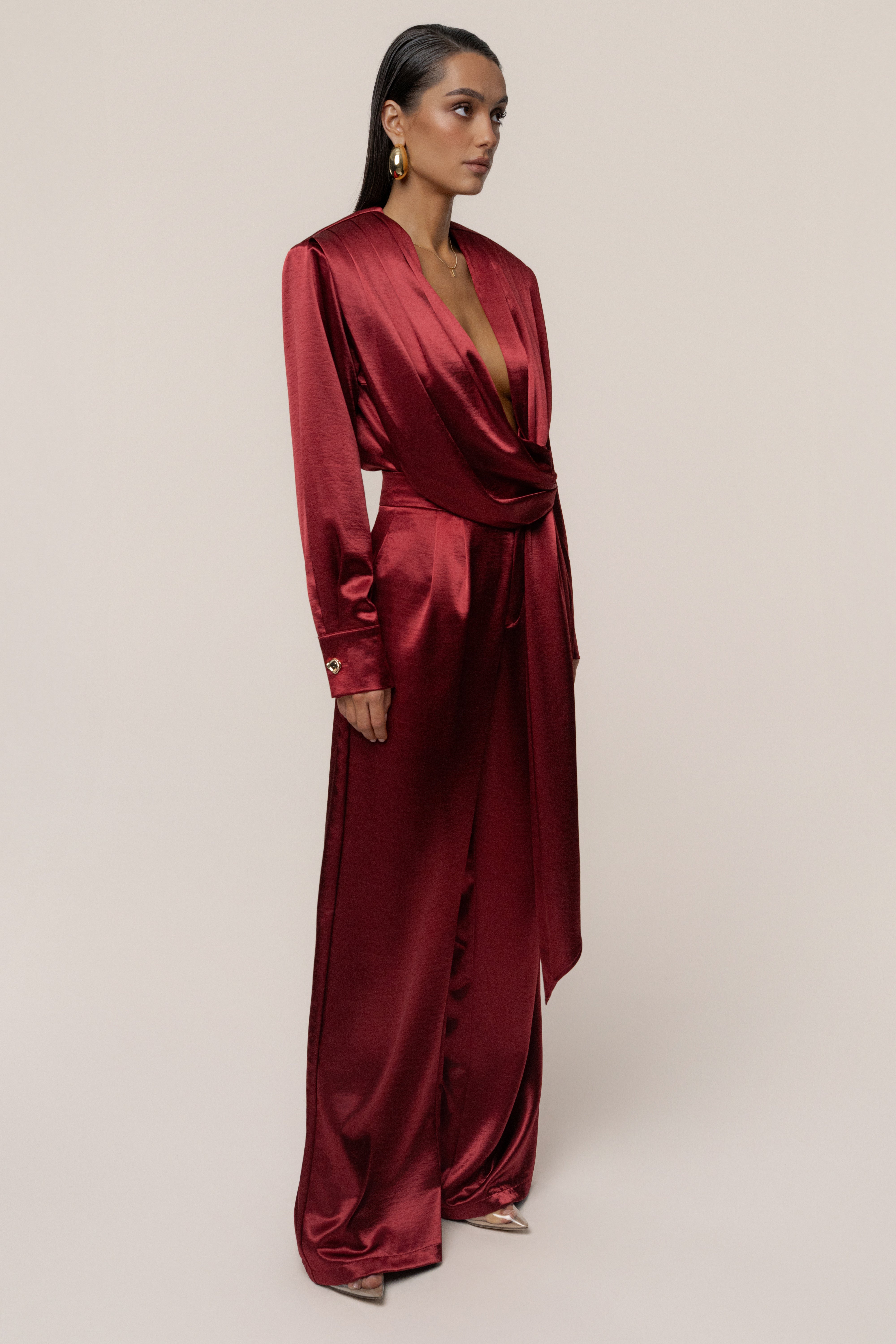 Burgundy Statement Draped Satin Top