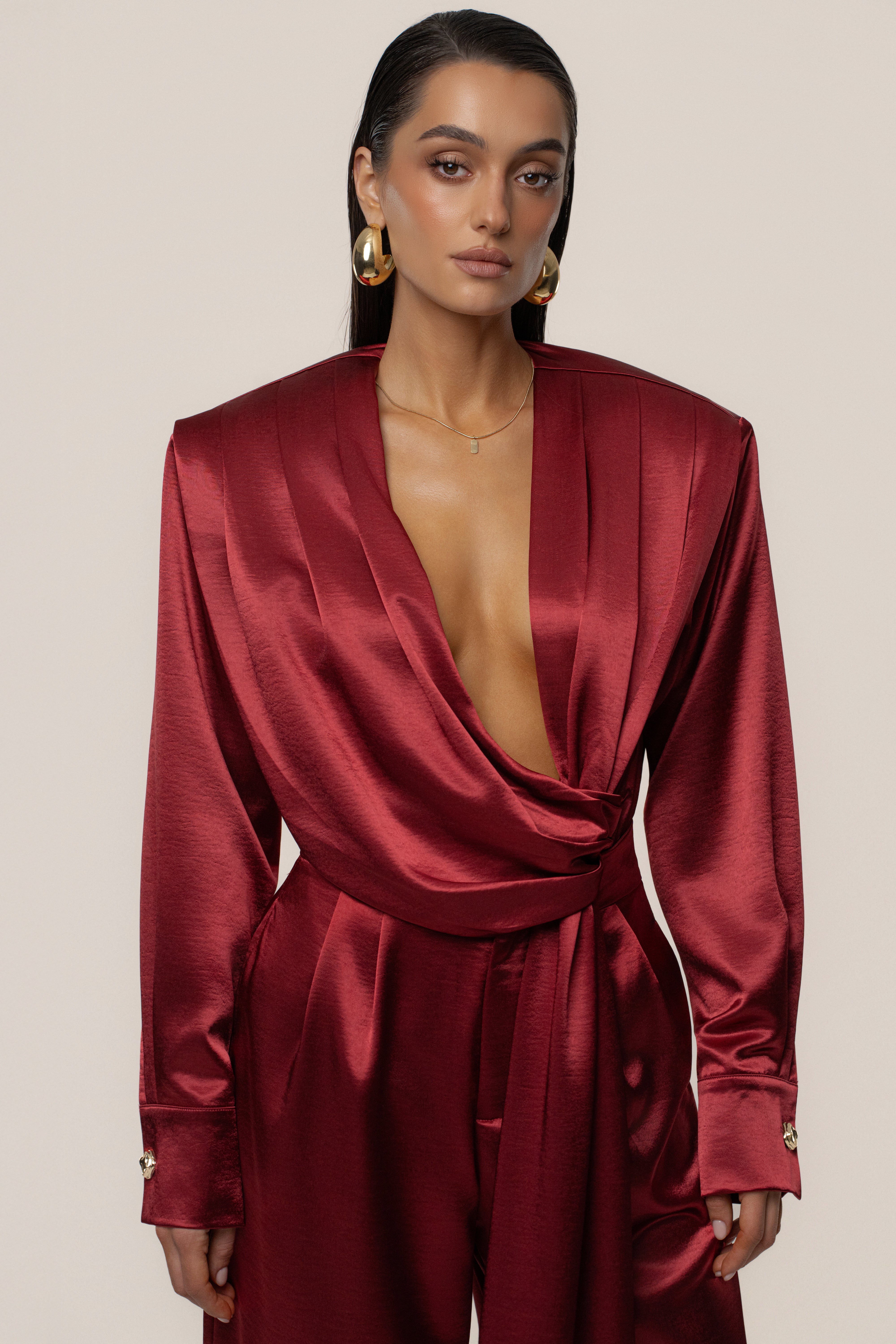 Burgundy Statement Draped Satin Top