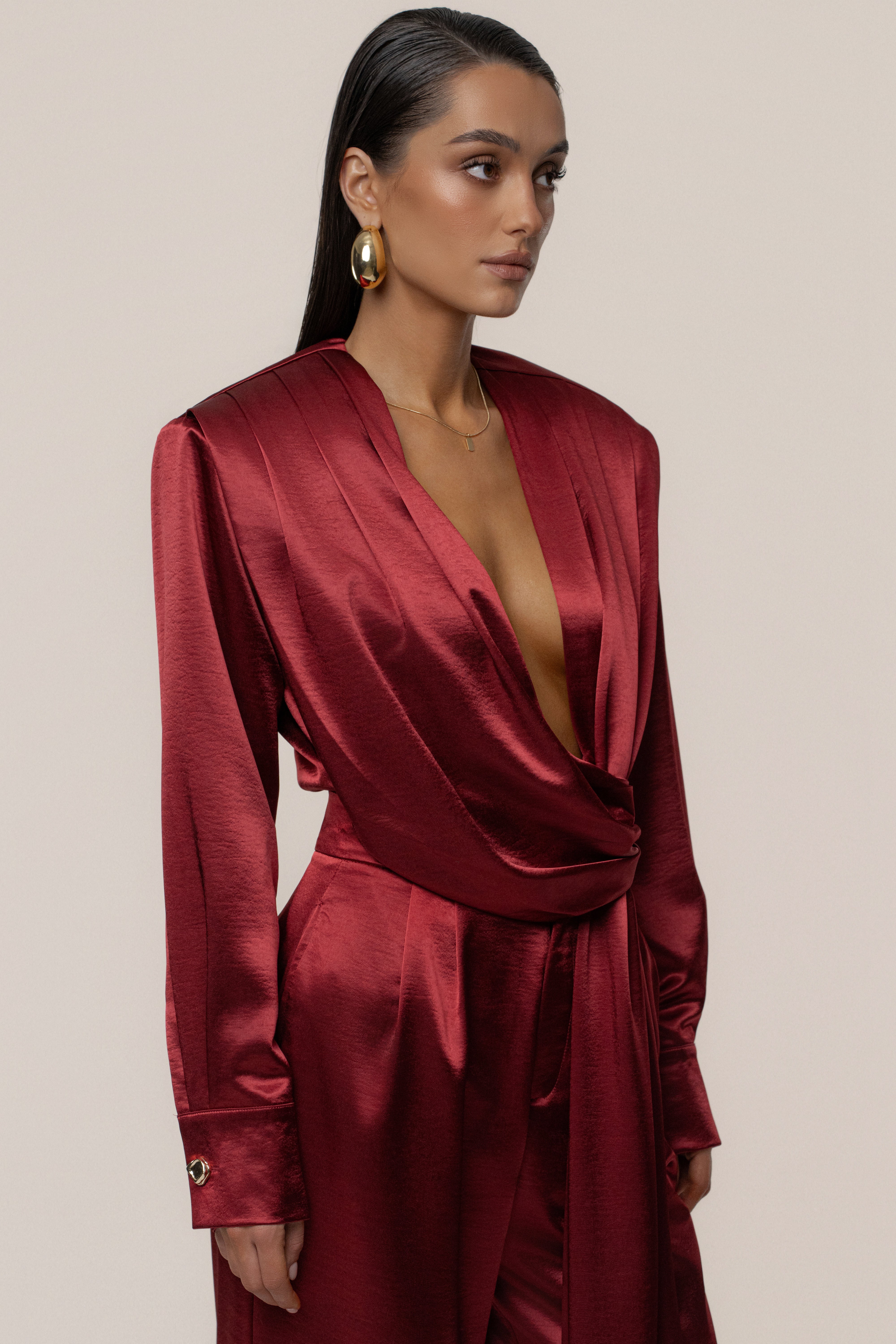 Burgundy Statement Draped Satin Top