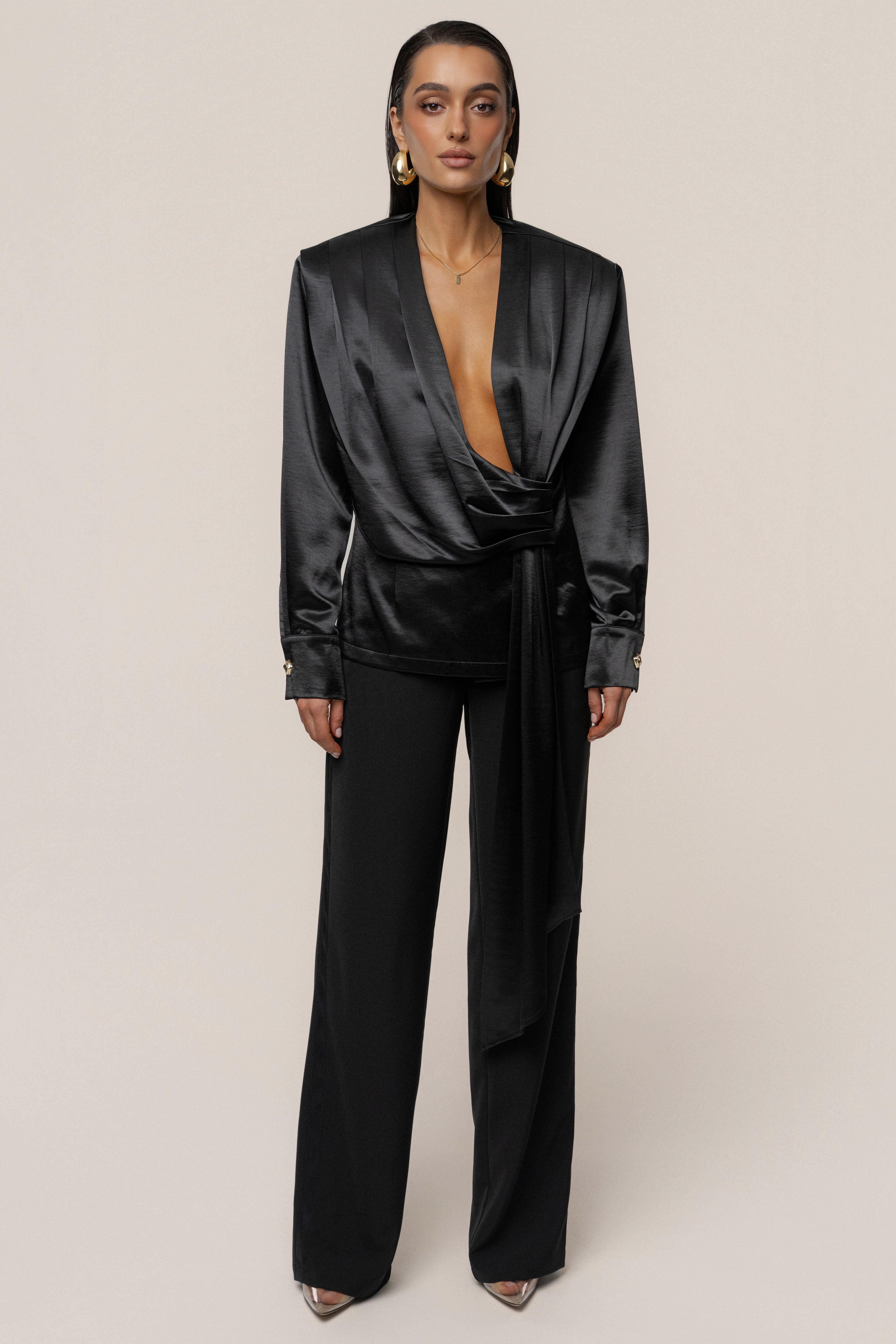 Black Statement Draped Satin Top