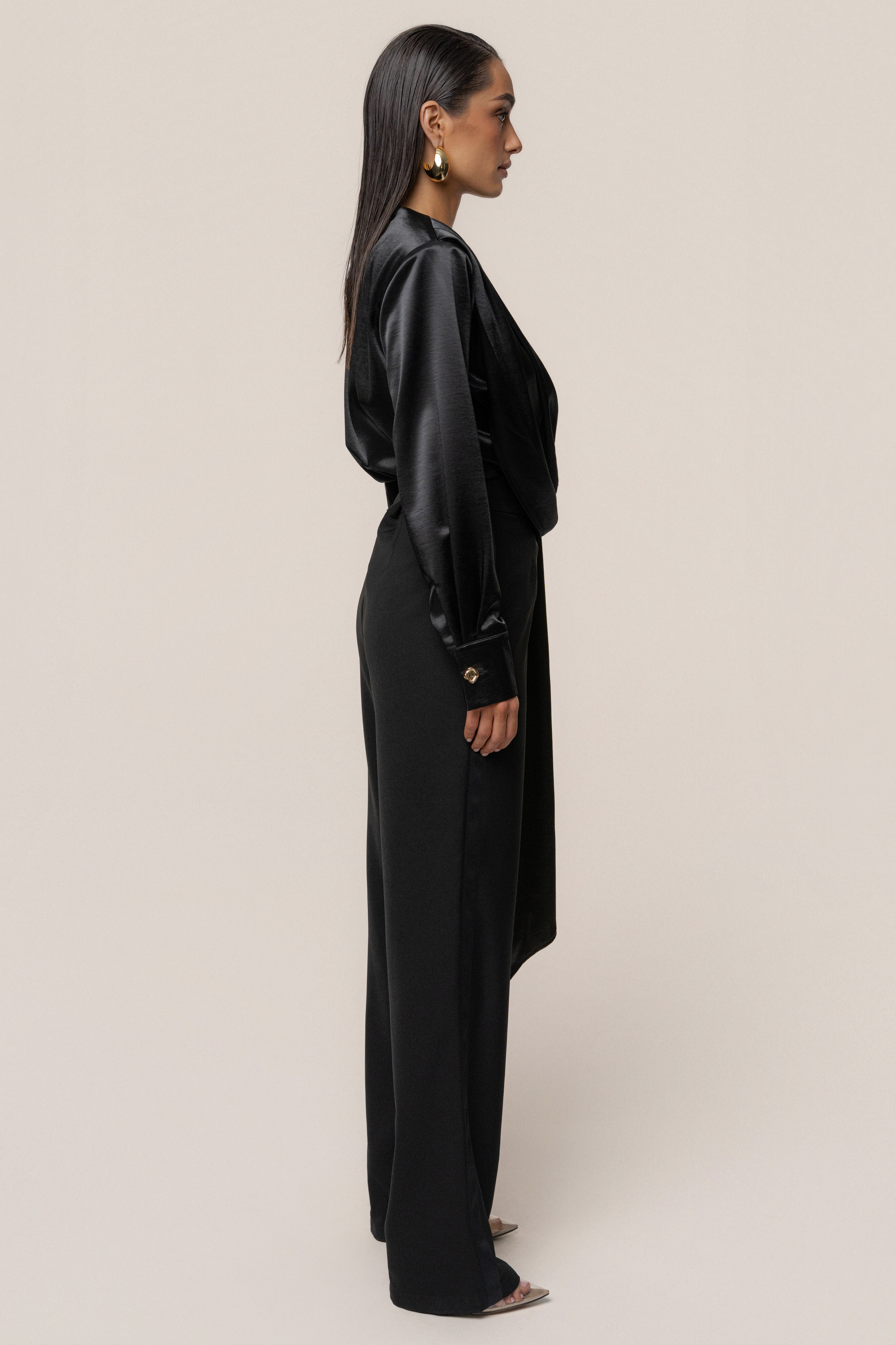Black Statement Draped Satin Top