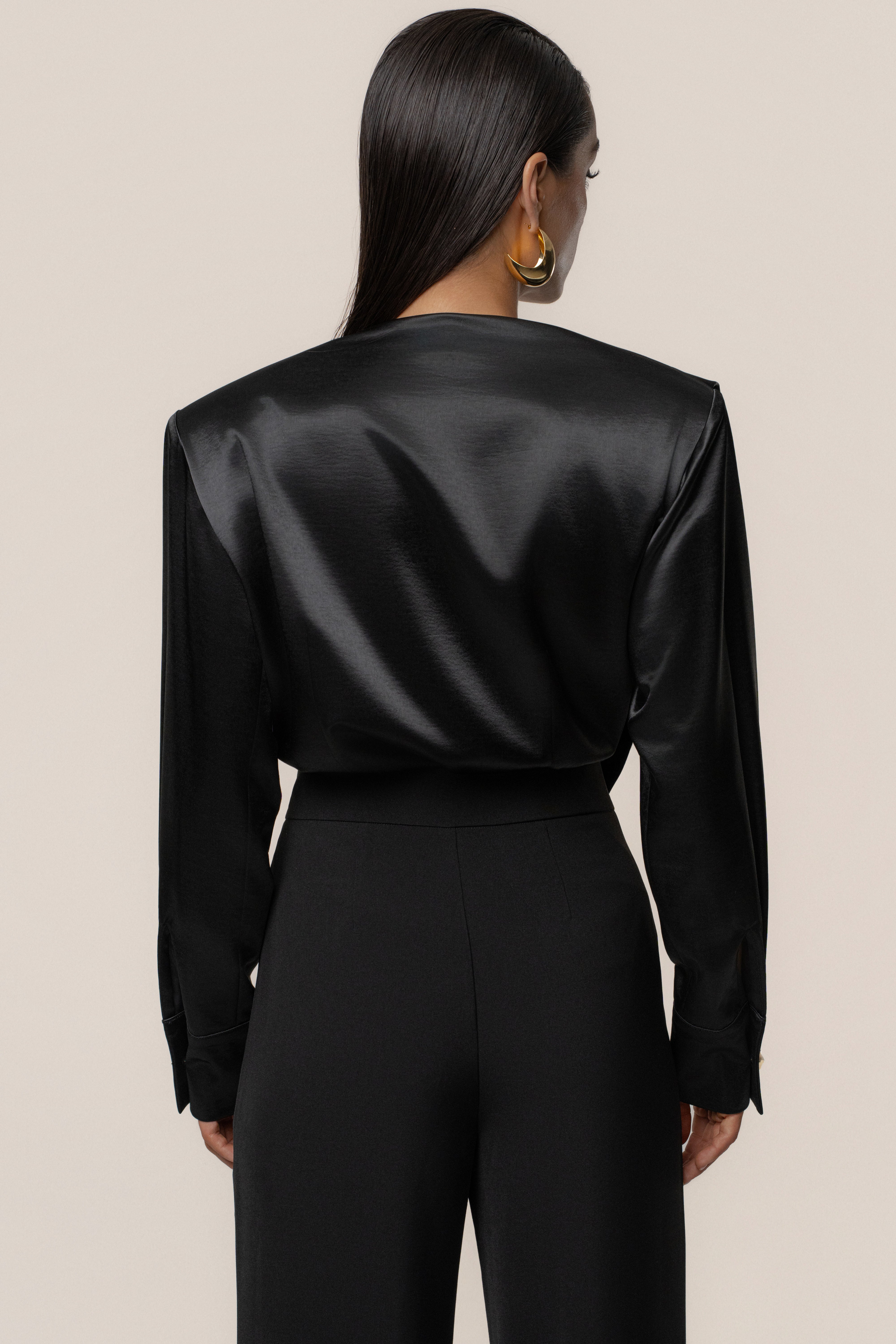 Black Statement Draped Satin Top