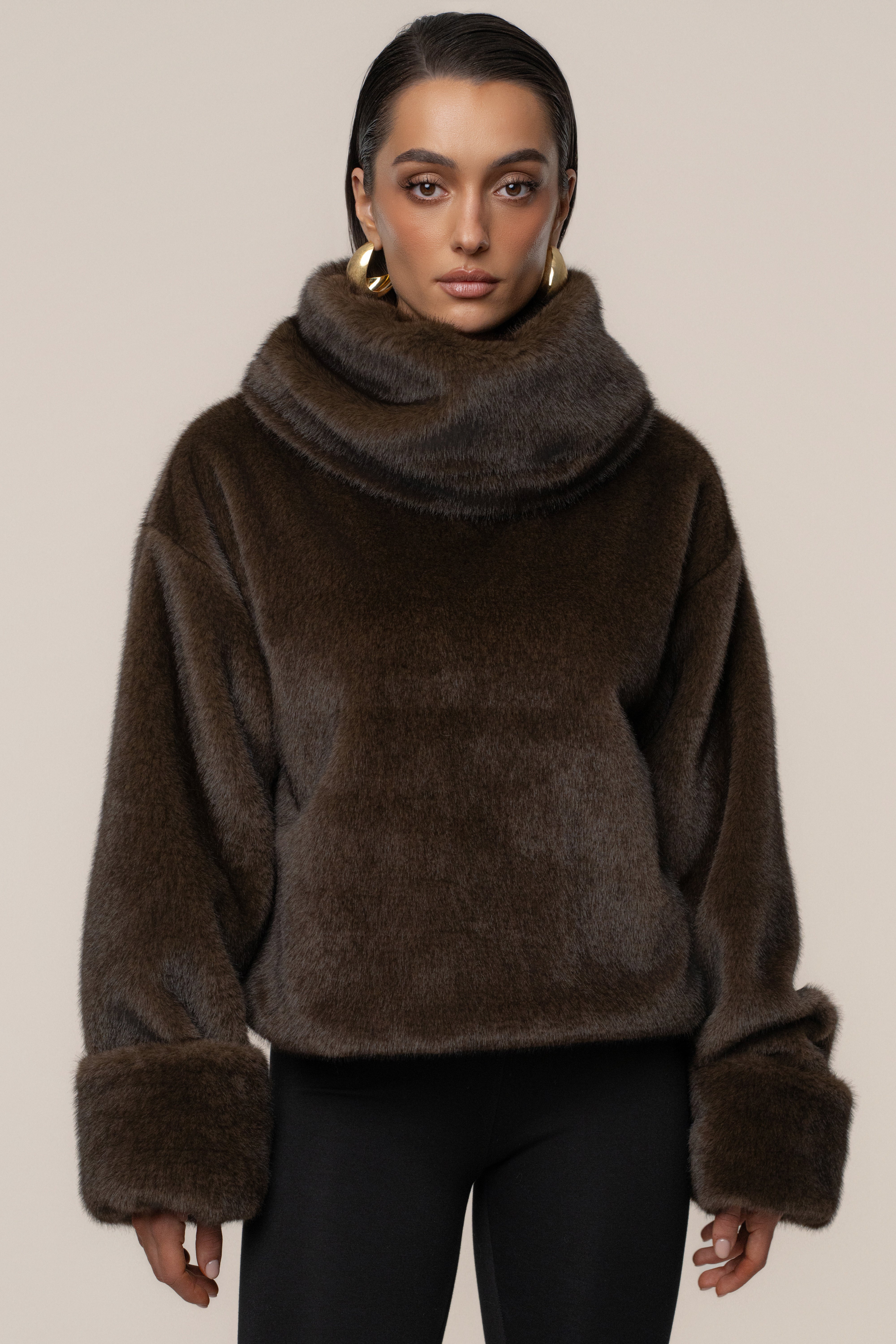 Brown Polished Faux Fur Pullover