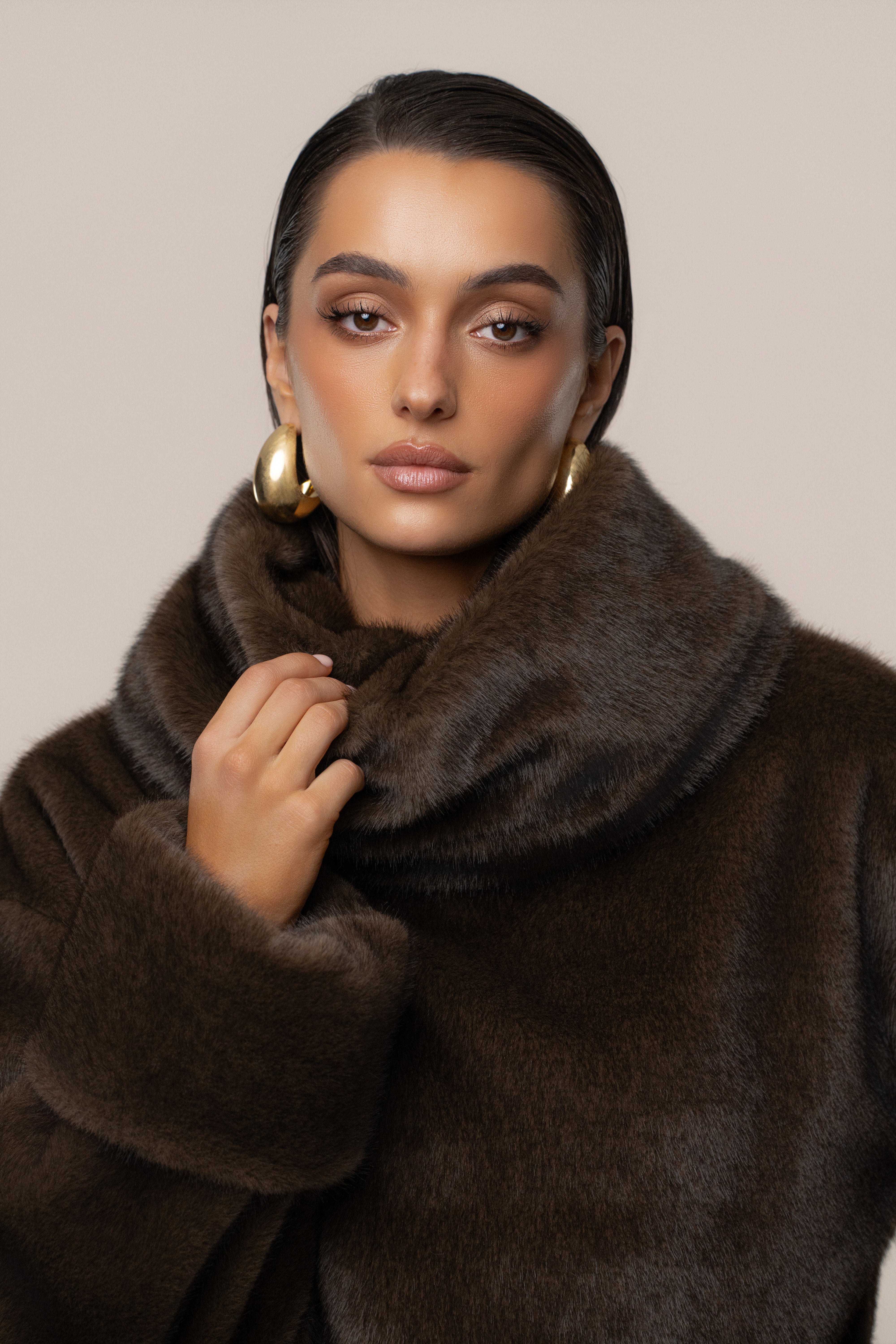 Brown Polished Faux Fur Pullover
