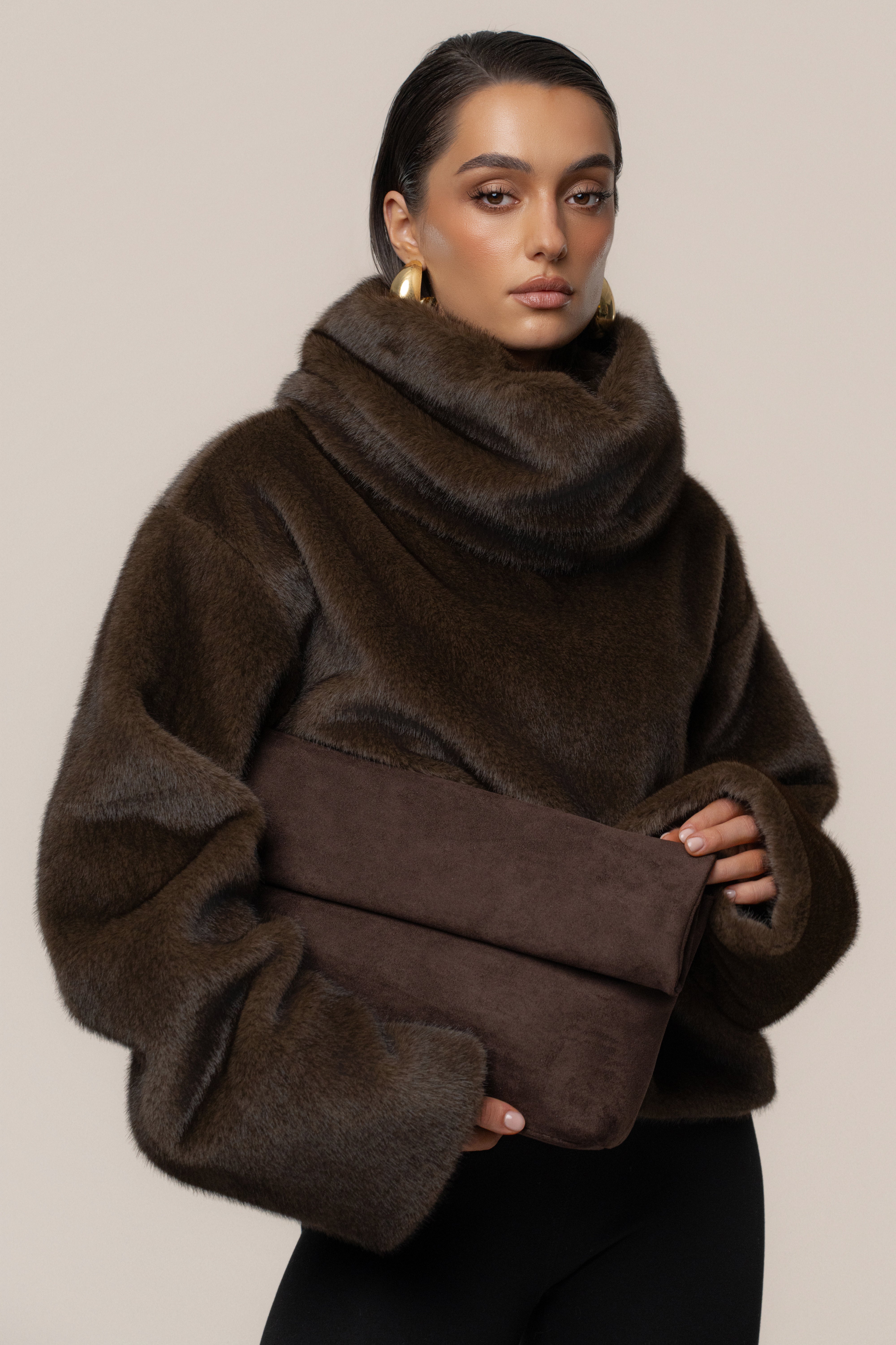 Brown Polished Faux Fur Pullover