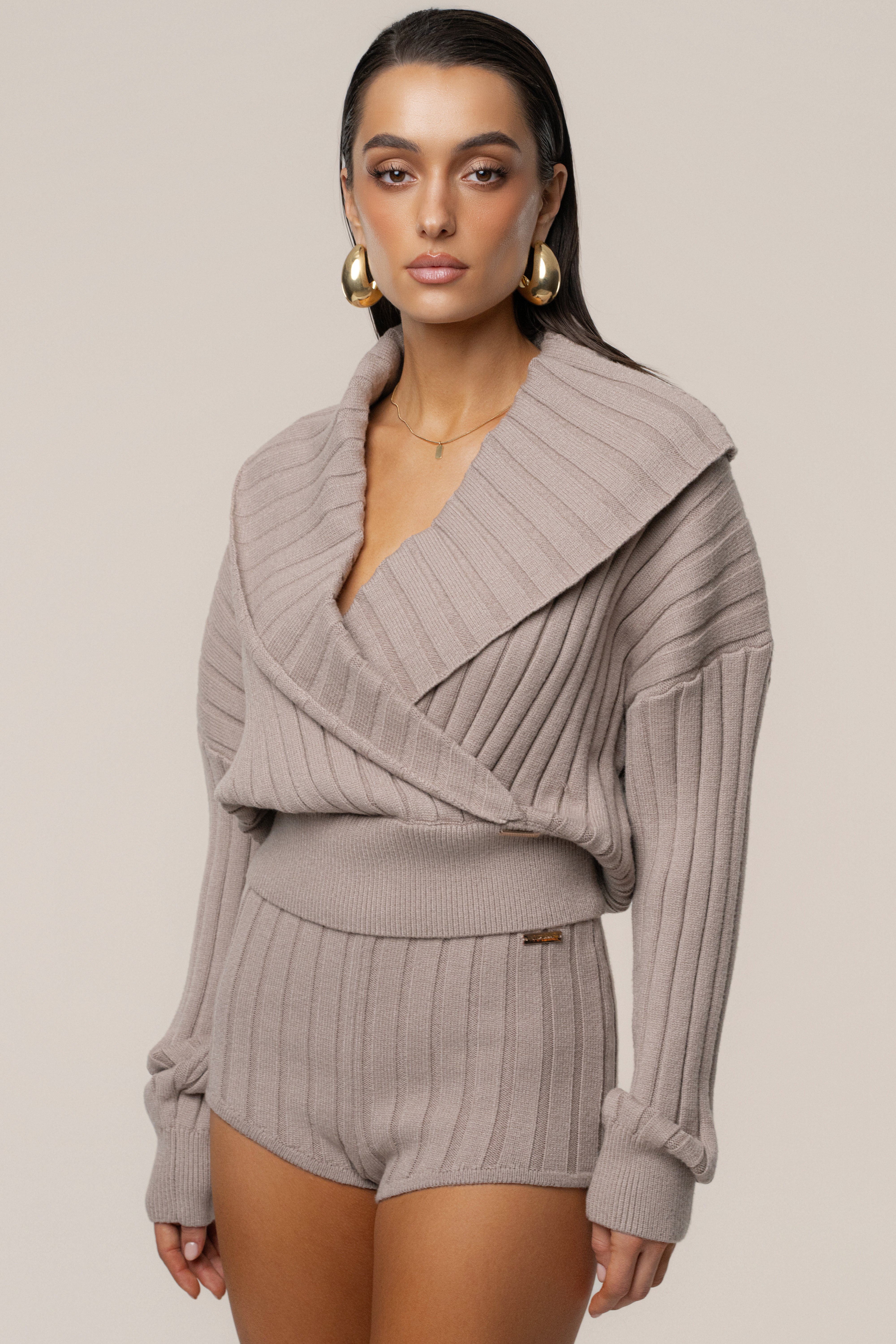 Taupe Ease Forward Knit Top