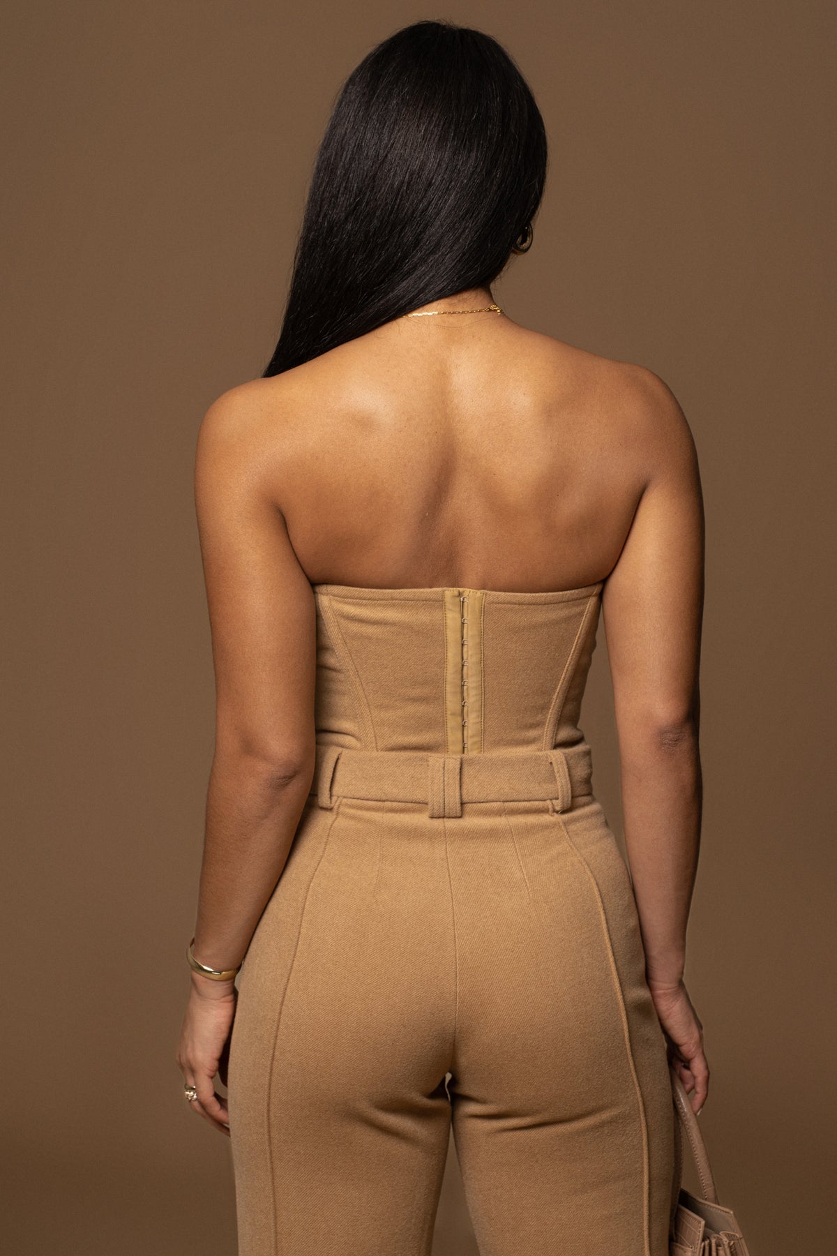 Beige JLUXLABEL All You Need Woven Corset top with structured design and woven fabric, perfect for stylish winter outfits.