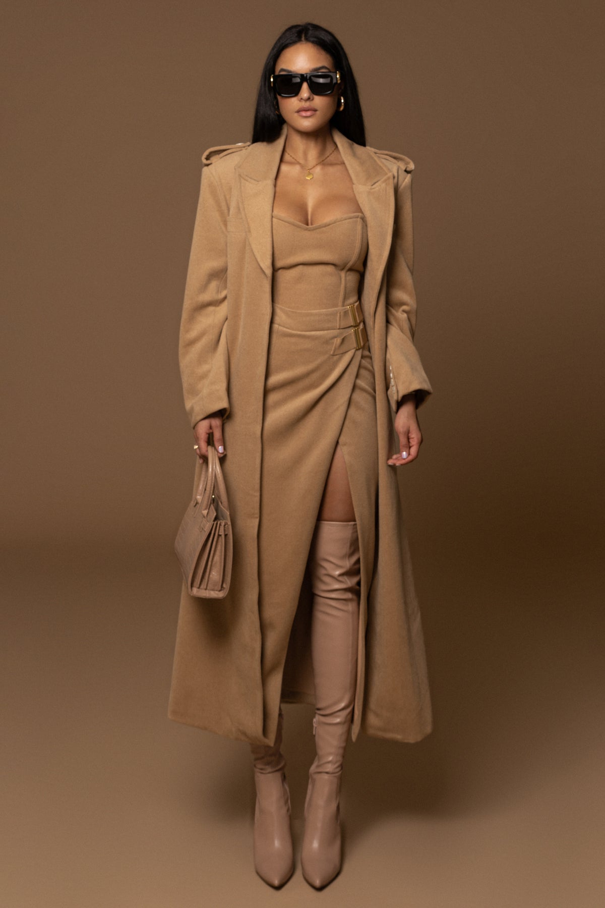 Beige JLUXLABEL All You Need Woven Corset top with fitted design and woven fabric, displayed on a neutral background.